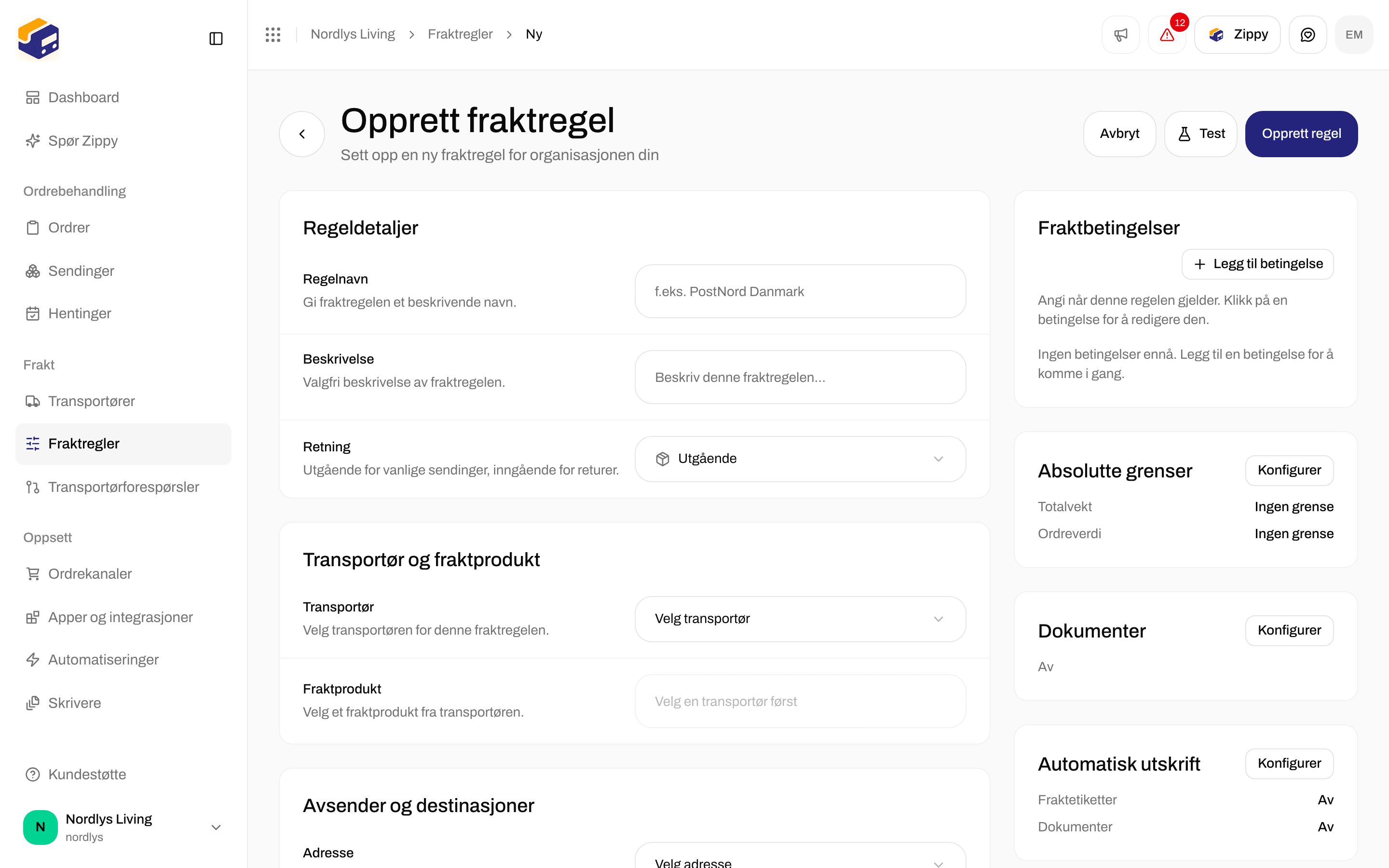Skjemaet Opprett fraktregel med Retning satt til Utgående og beskrivelsen som forklarer valget inngående for returer