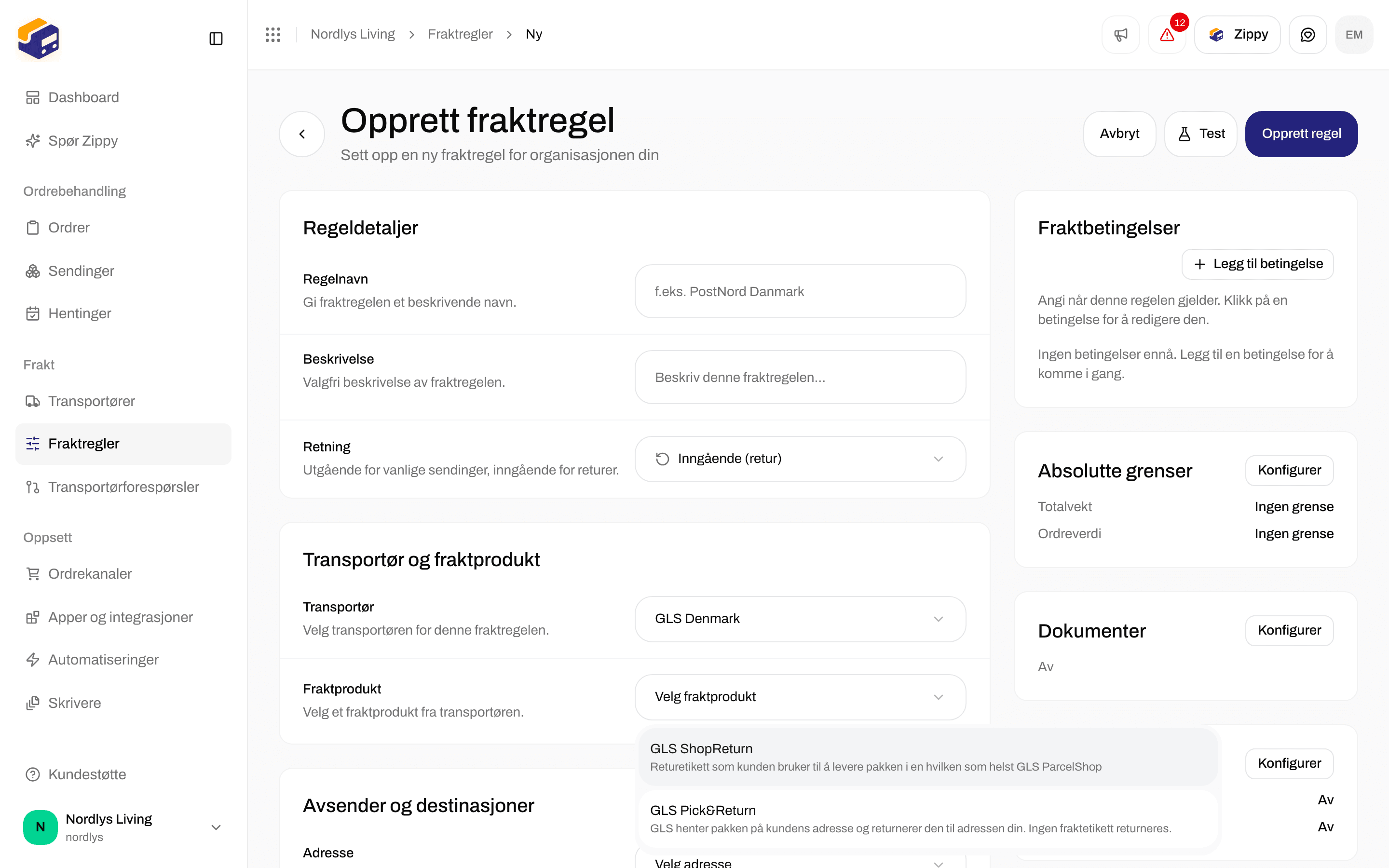 Opprett fraktregel med Retning Inngående (retur), GLS Denmark, og GLS ShopReturn og GLS Pick&Return i listen over fraktprodukter