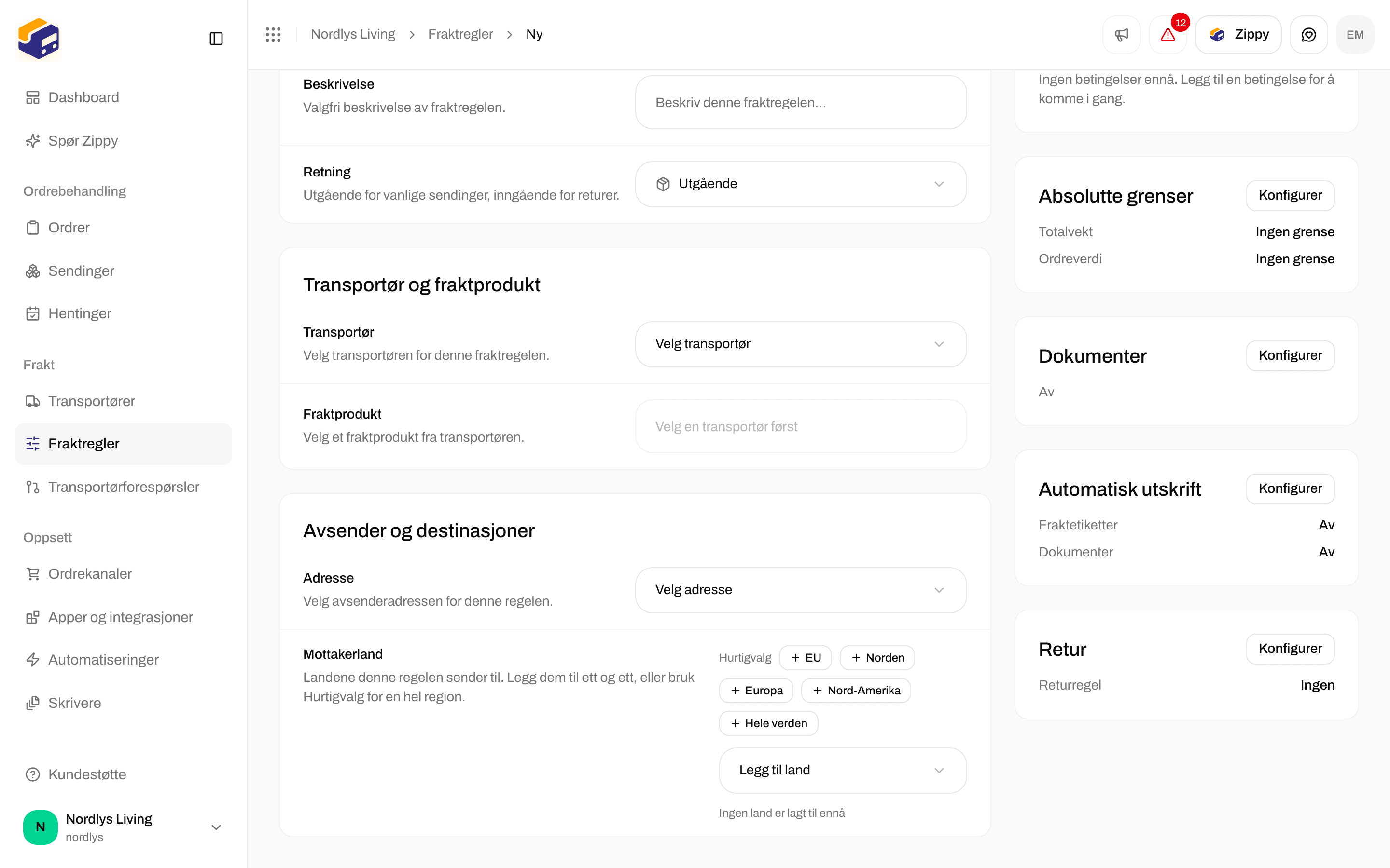 Delen Retur med Fraktregel for retur satt til Ingen, under Automatisk utskrift