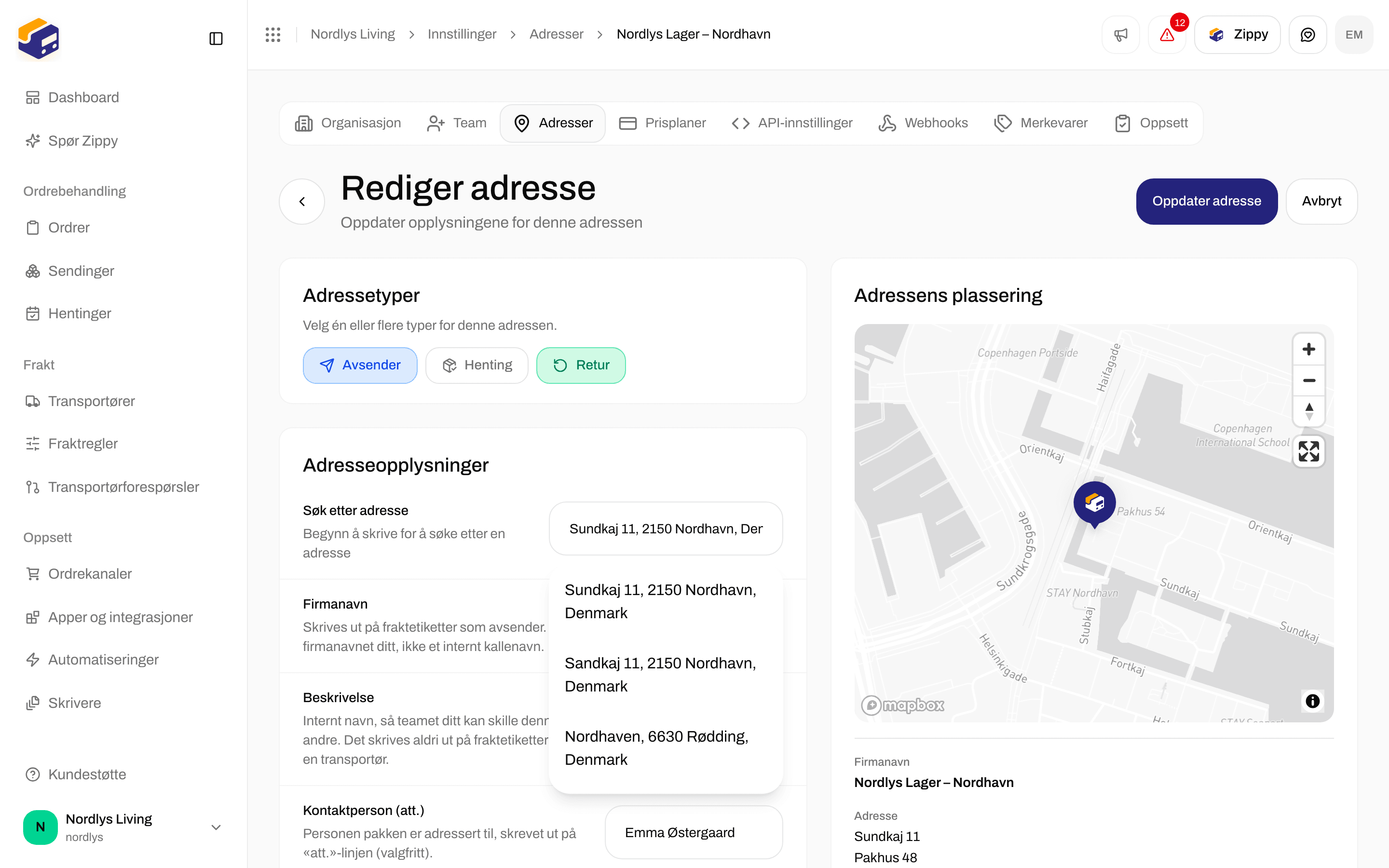 Rediger adresse med adressetypene Avsender, Henting og Retur, med Retur avmerket