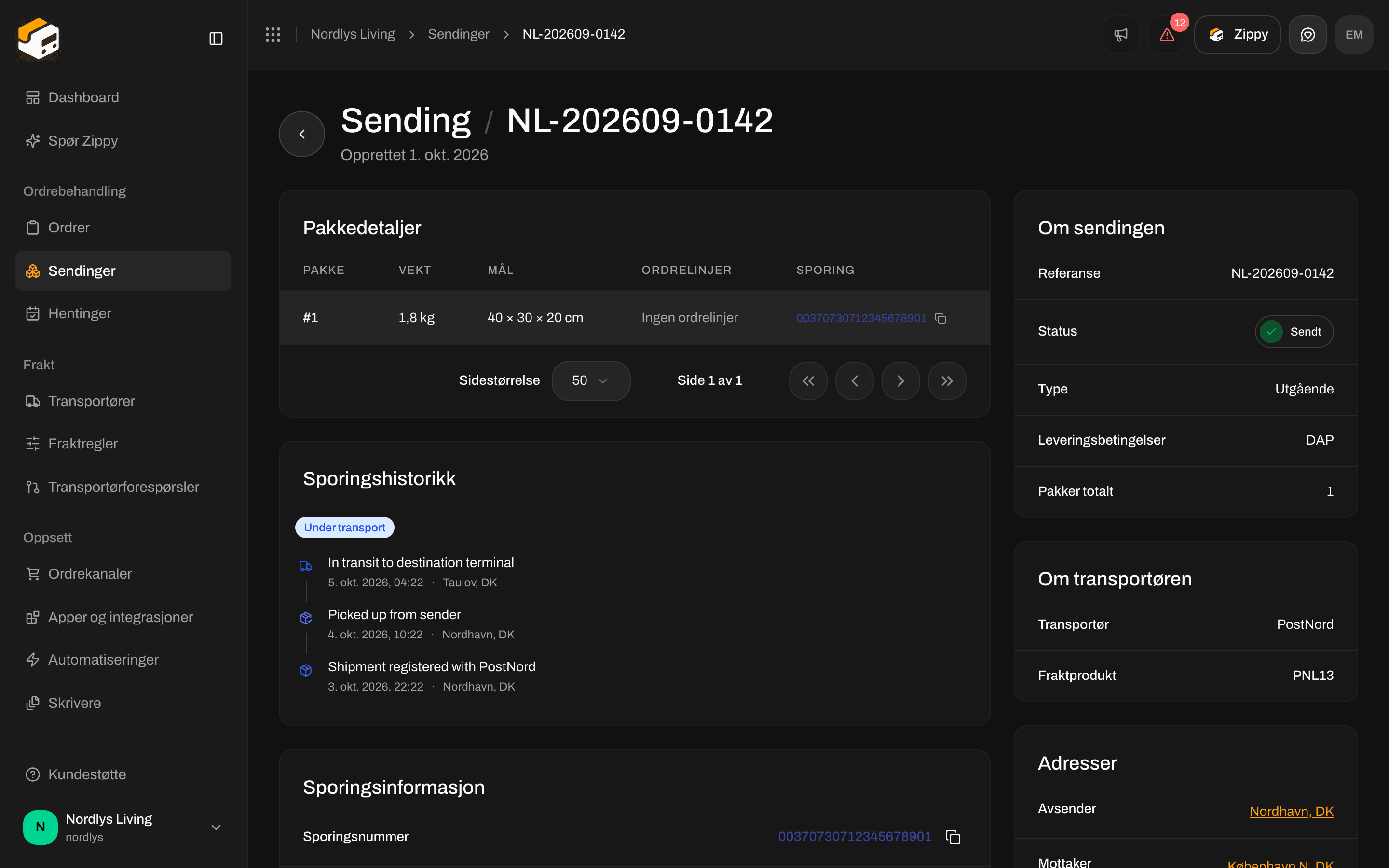 Oversikt over en sendt utgående sending uten returregel, så det er ingen Opprett retursending-knapp