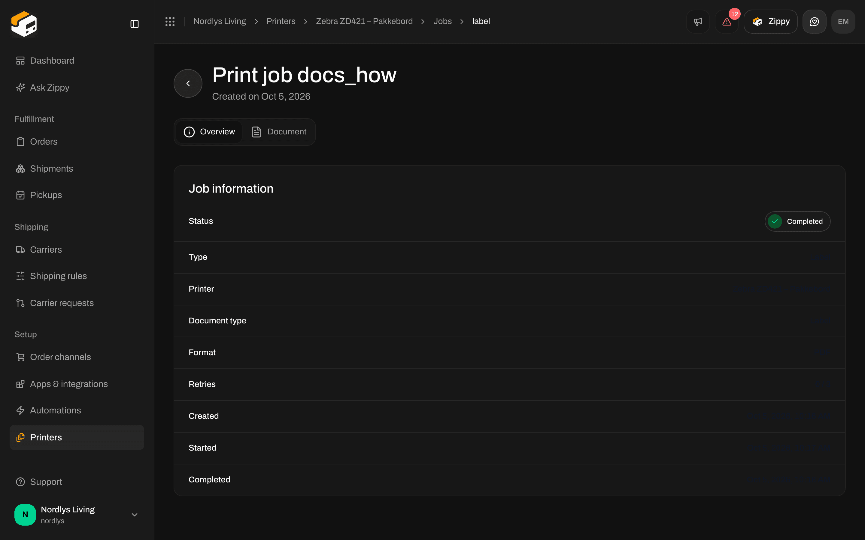 Print job page Overview with Job information: status, type, printer and format