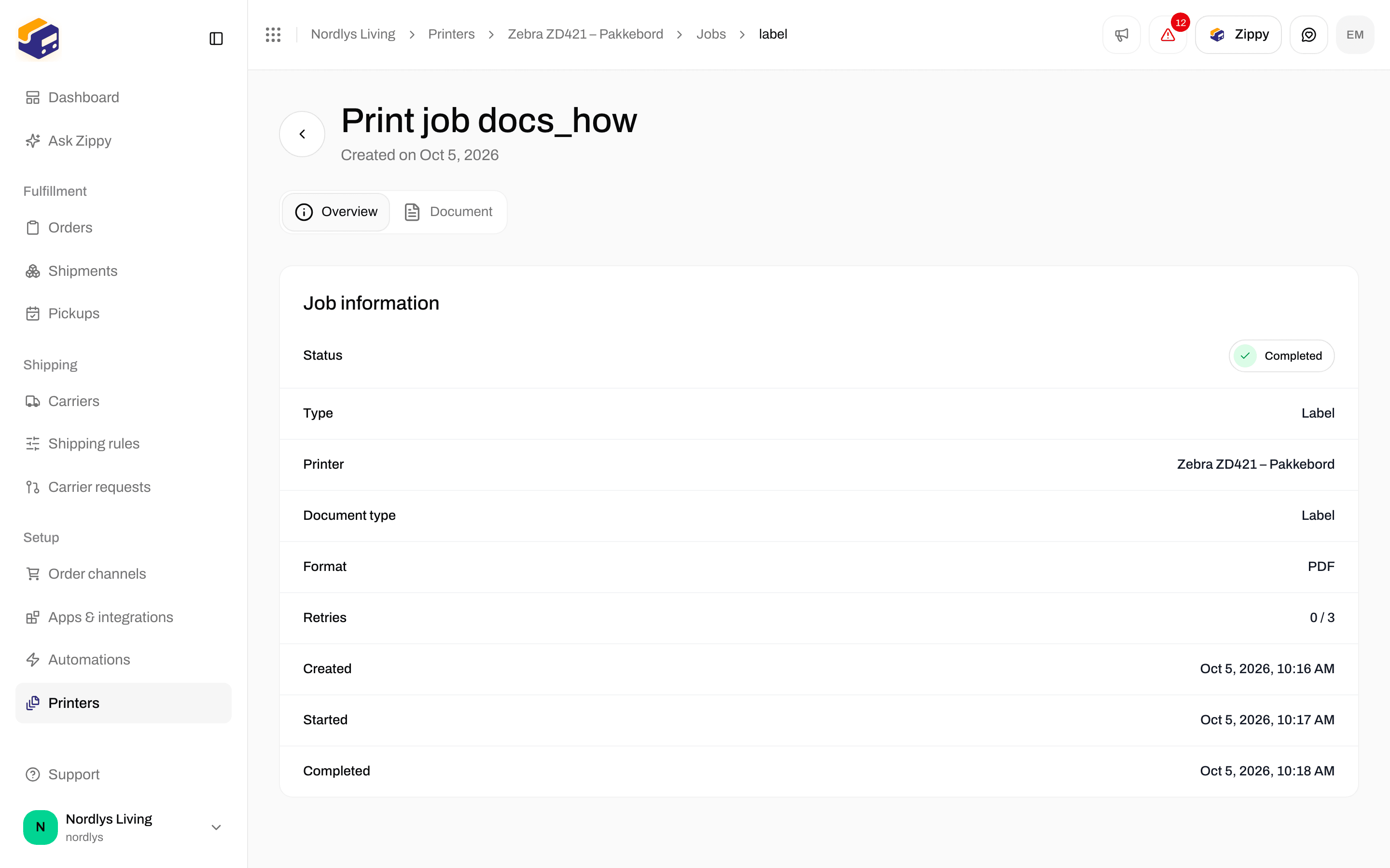 Print job page Overview with Job information: status, type, printer and format