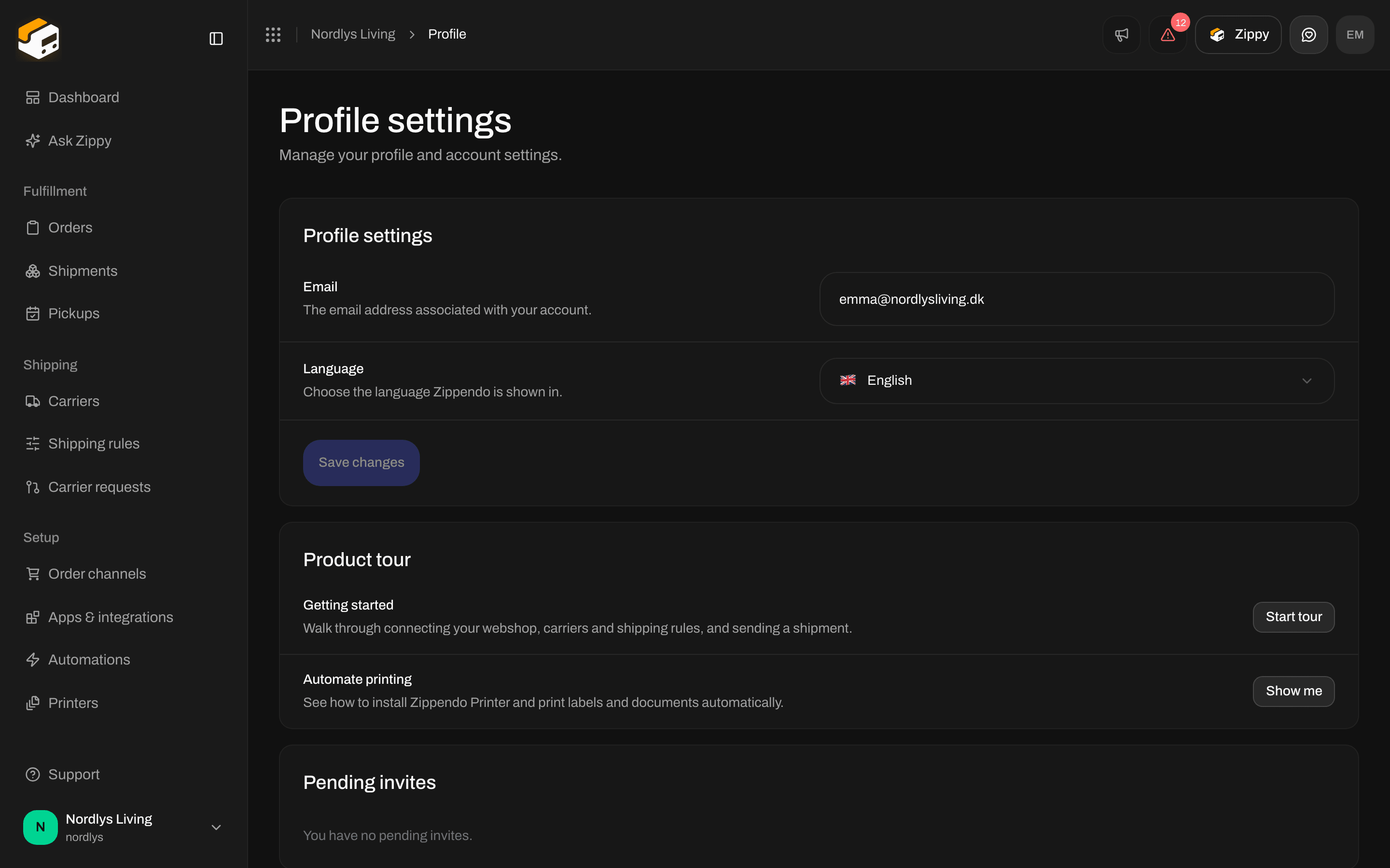 Profile settings with Email, Language, and Save changes