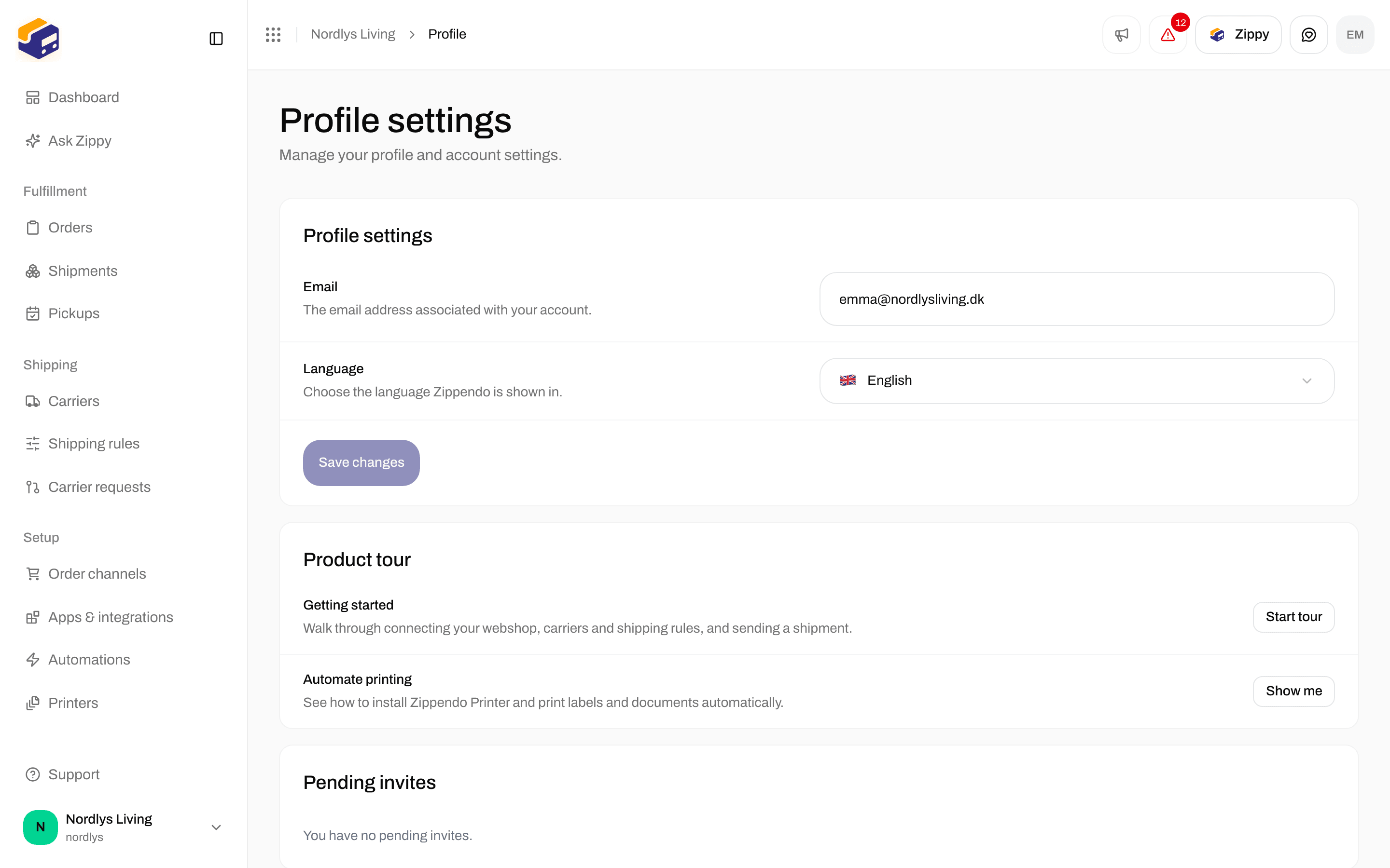 Profile settings with Email, Language, and Save changes