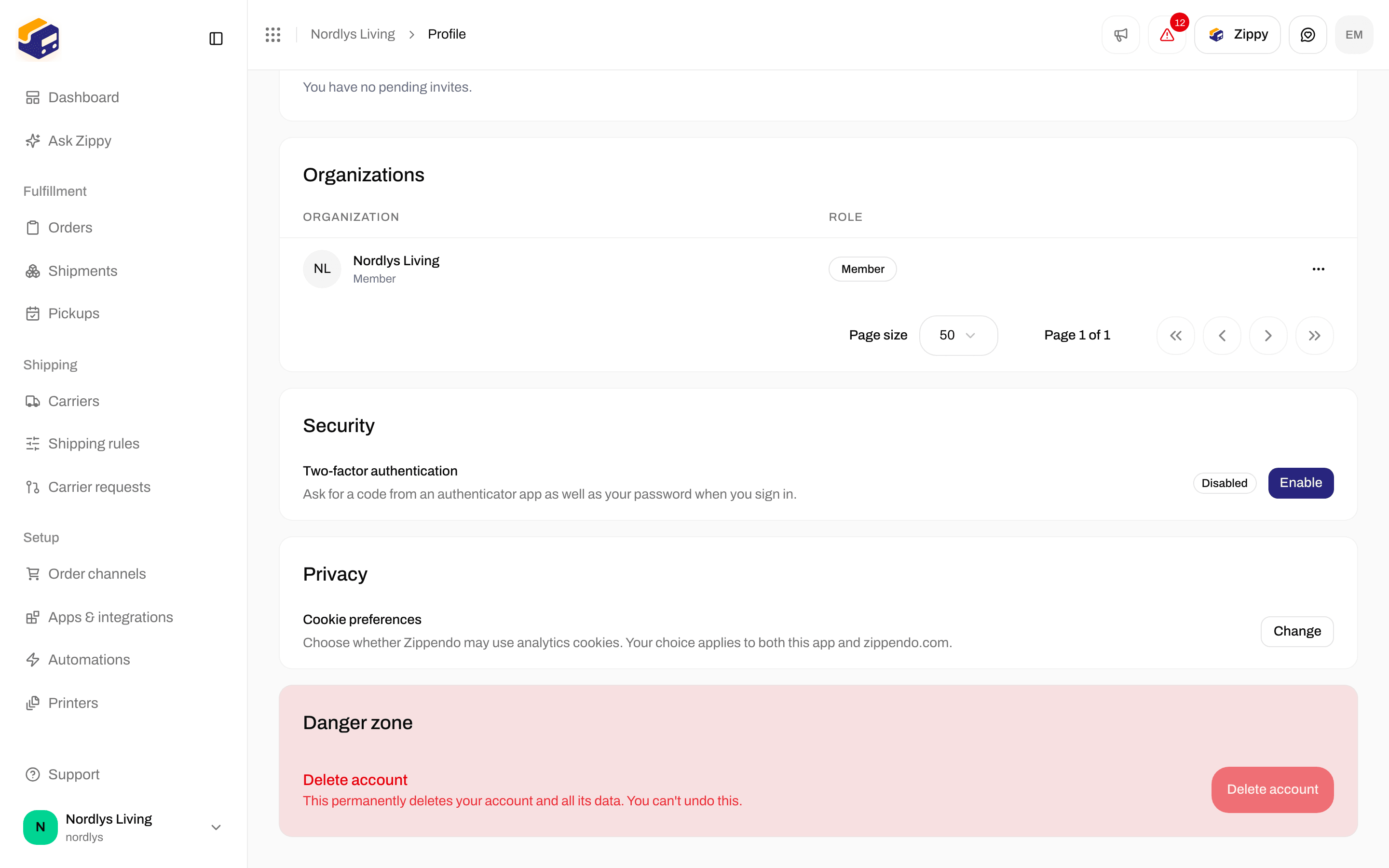 Security section with the Two-factor authentication status and Enable