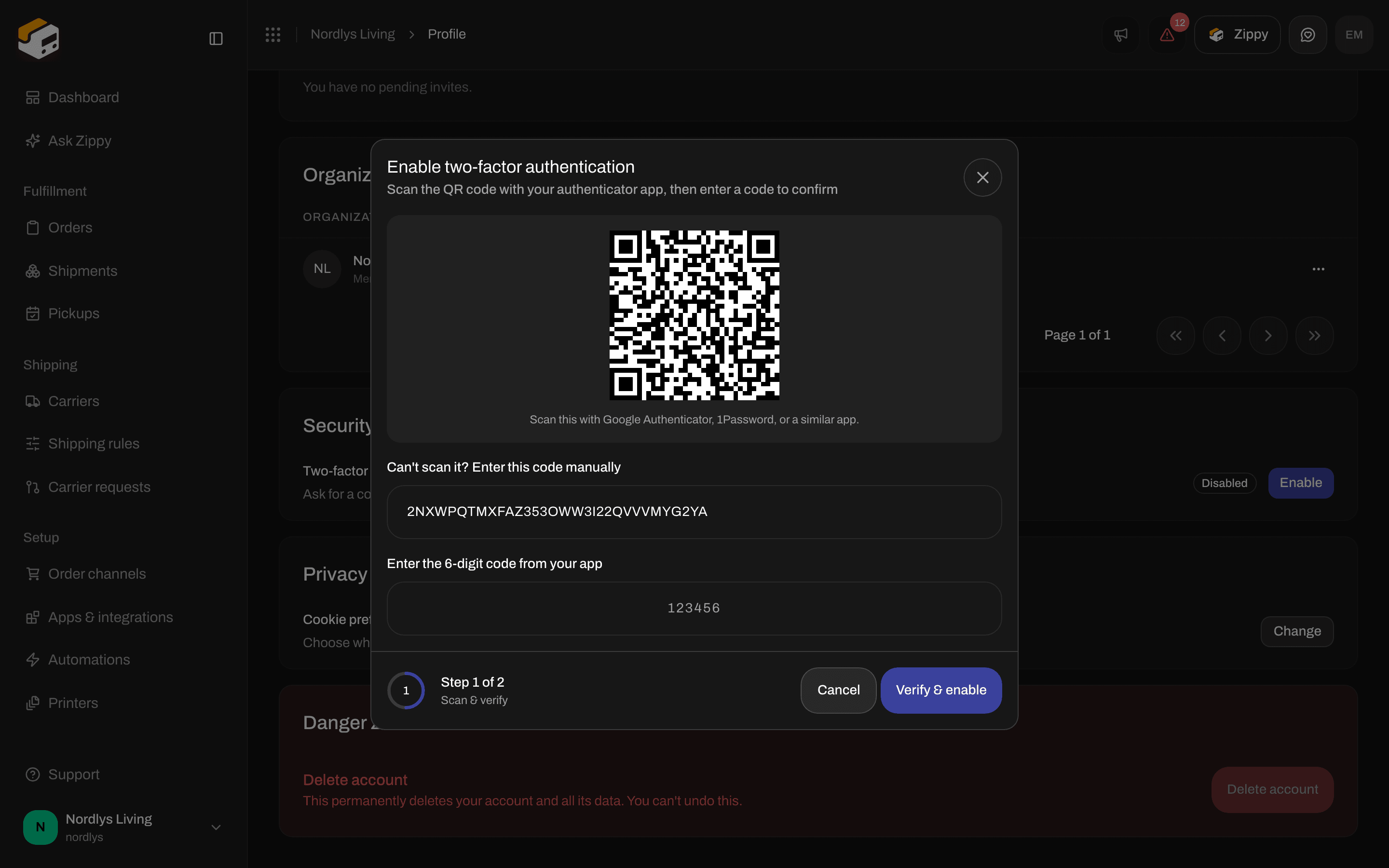 Enable two-factor authentication window with a QR code and a field for the 6-digit code