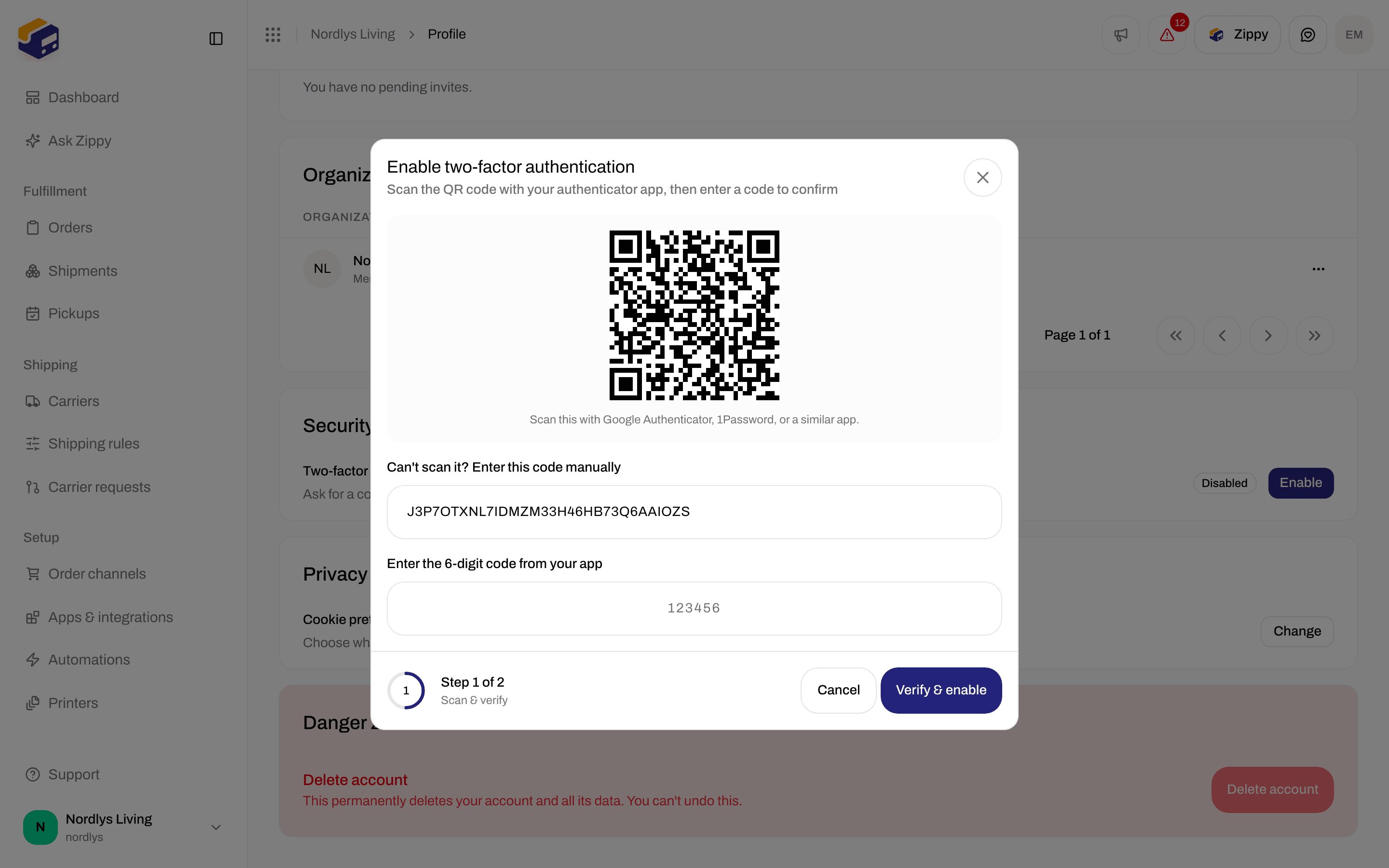 Enable two-factor authentication window with a QR code and a field for the 6-digit code