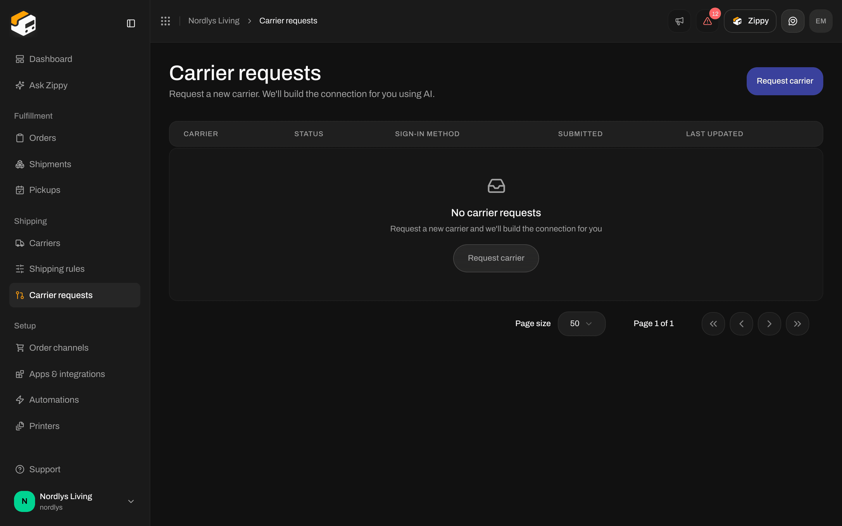 Carrier requests page with no requests yet and the Request carrier button