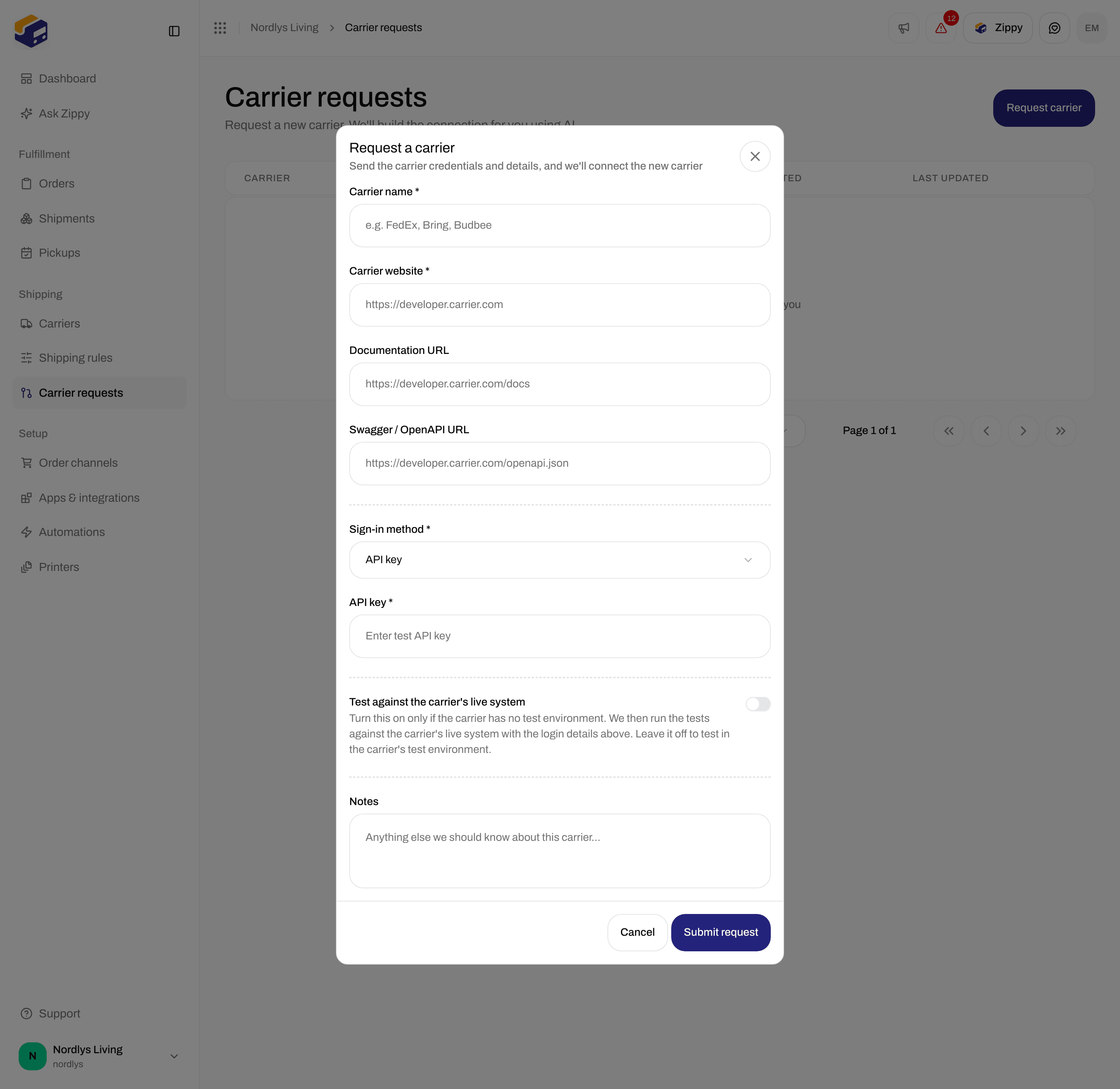 Request a carrier window with carrier name, website, documentation links and the API key field