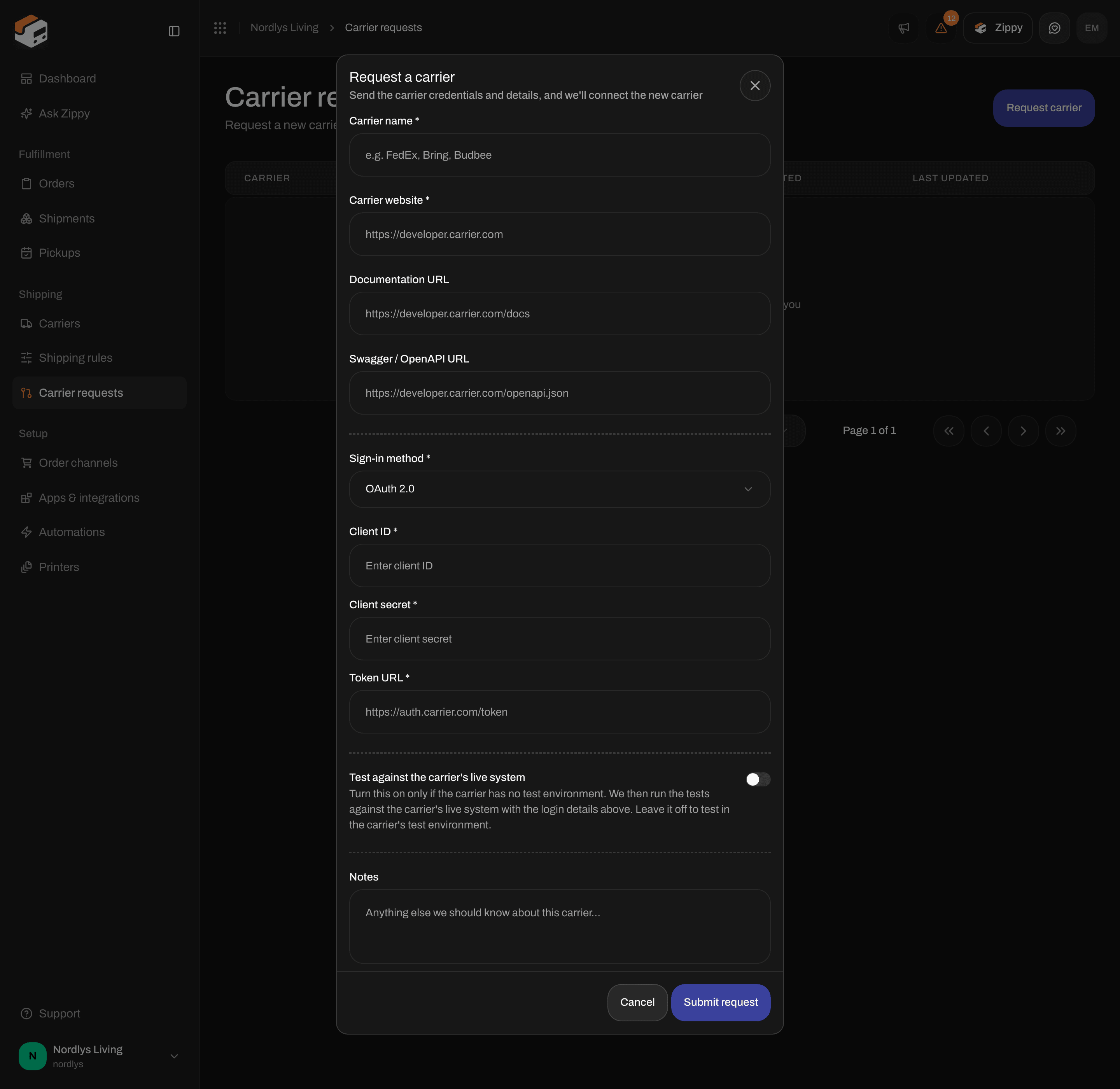 Request a carrier window with Sign-in method OAuth 2.0 and the Client ID, Client secret and Token URL fields