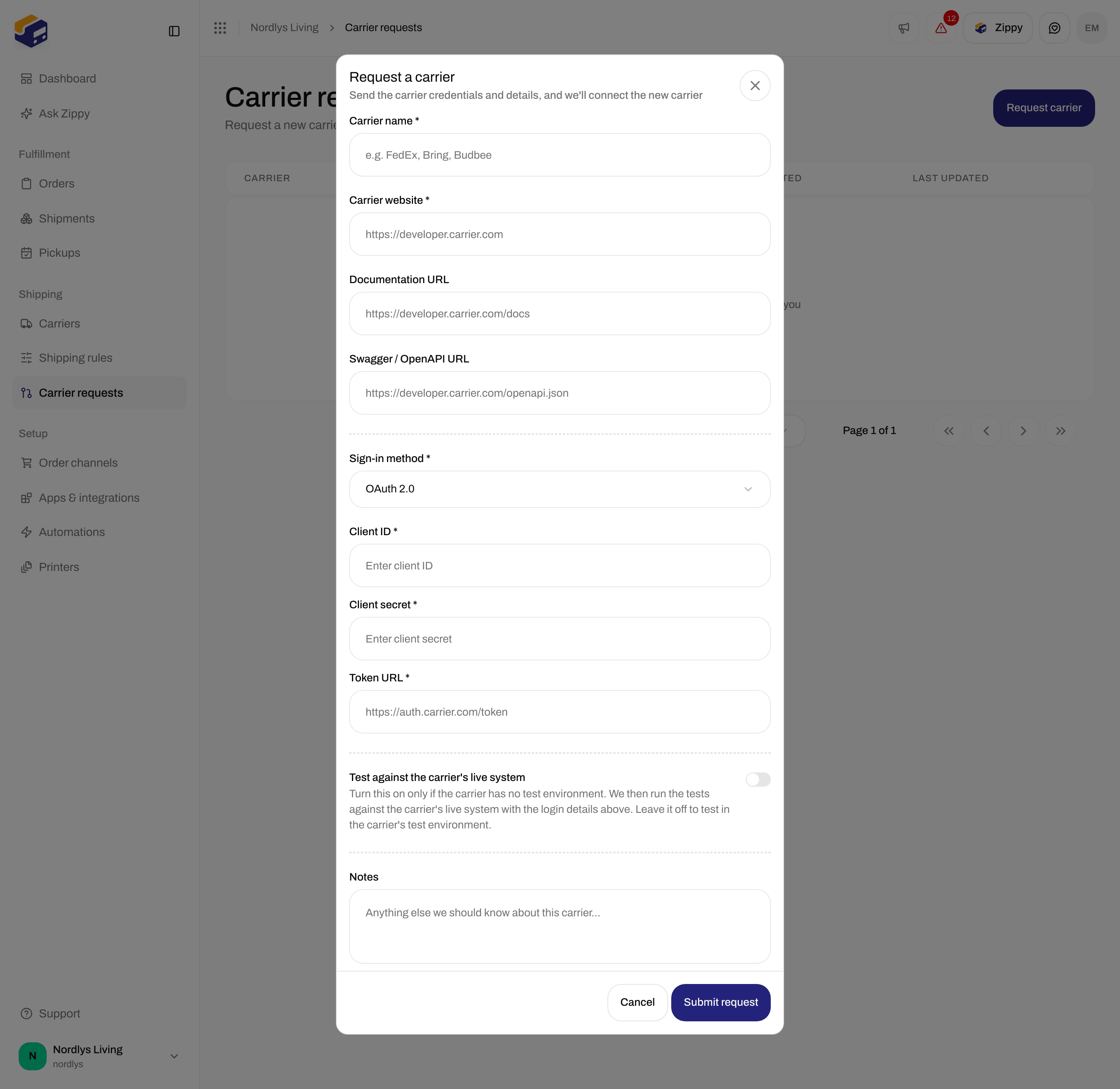 Request a carrier window with Sign-in method OAuth 2.0 and the Client ID, Client secret and Token URL fields