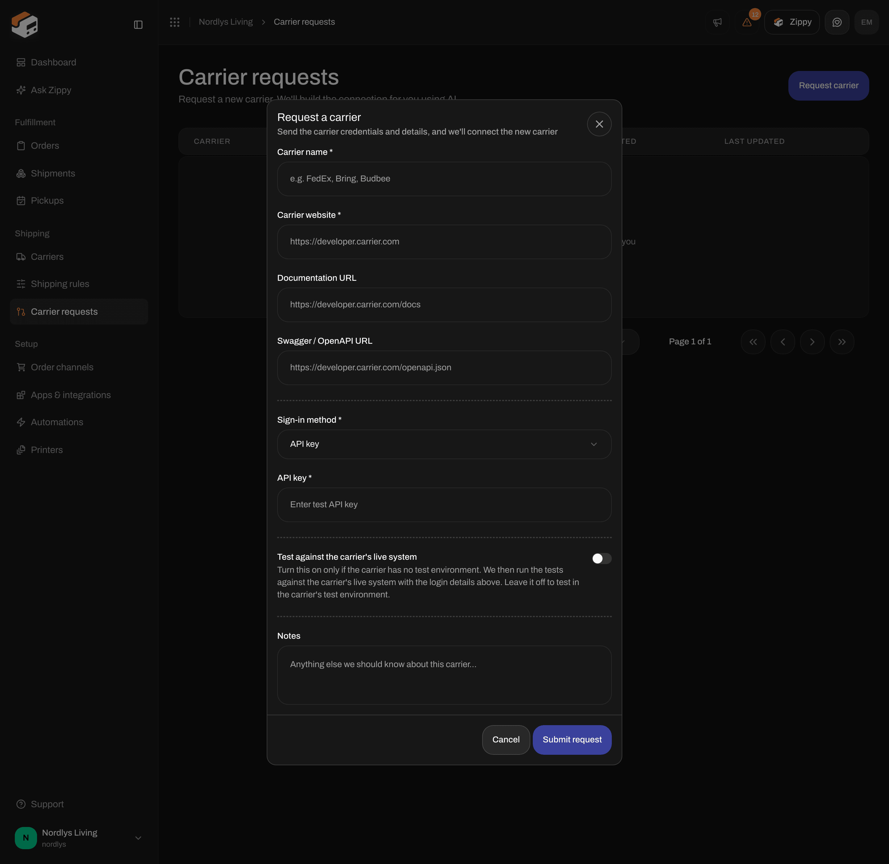 Request a carrier window scrolled to the Test against the carrier's live system switch and Notes