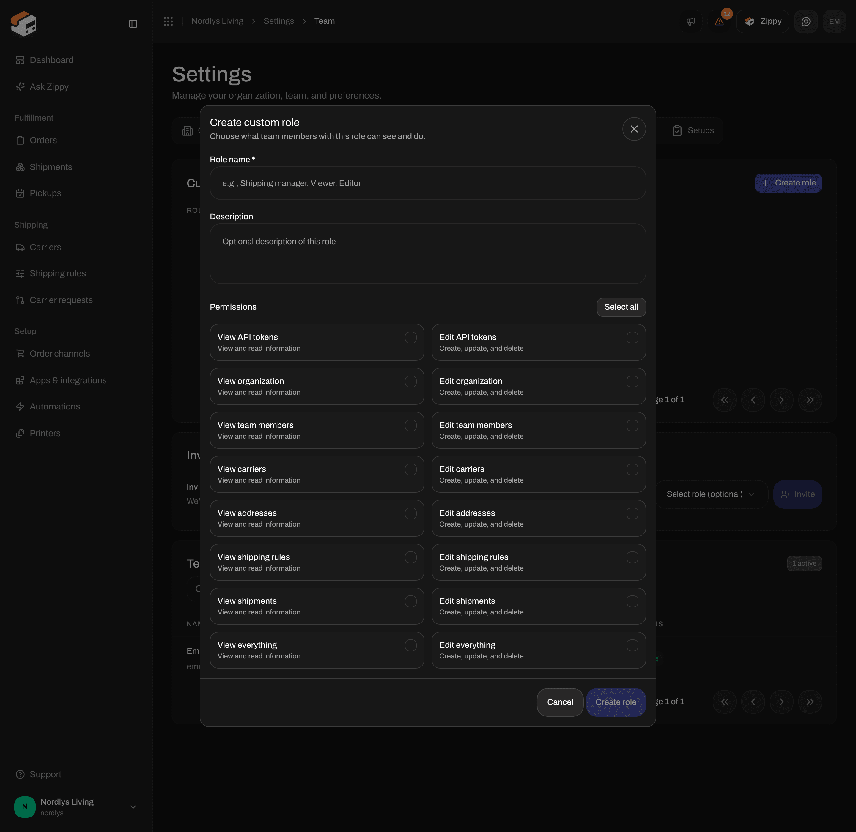 Create custom role window with Role name, Description, Select all and permission checkboxes