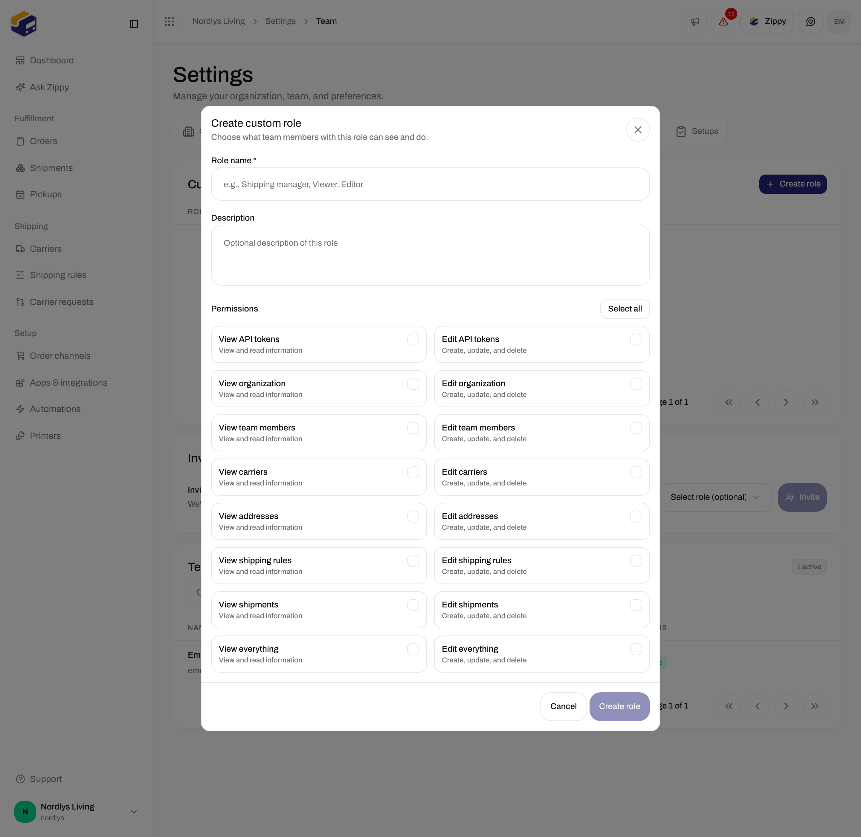 Create custom role window with Role name, Description, Select all and permission checkboxes