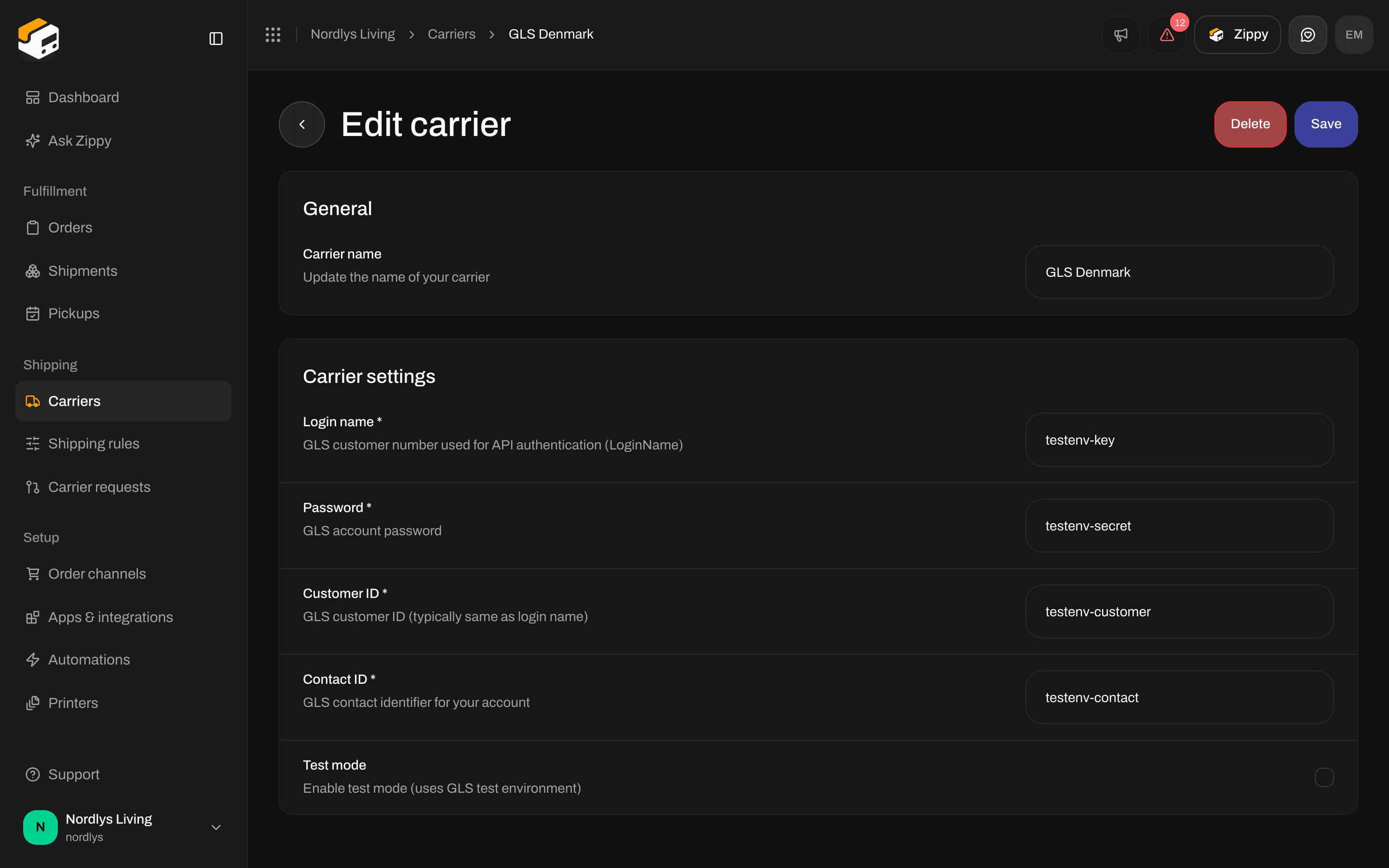 Edit carrier for GLS Denmark with the Test mode checkbox in Carrier settings