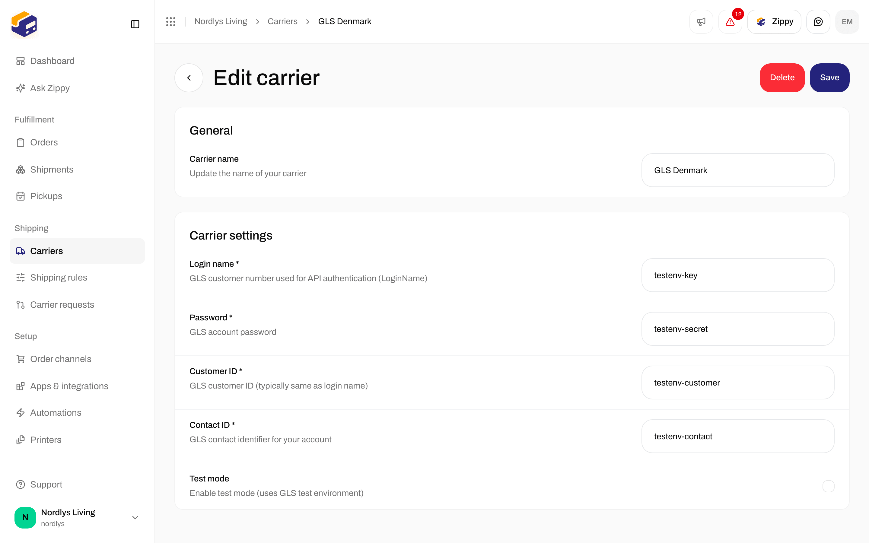Edit carrier for GLS Denmark with the Test mode checkbox in Carrier settings