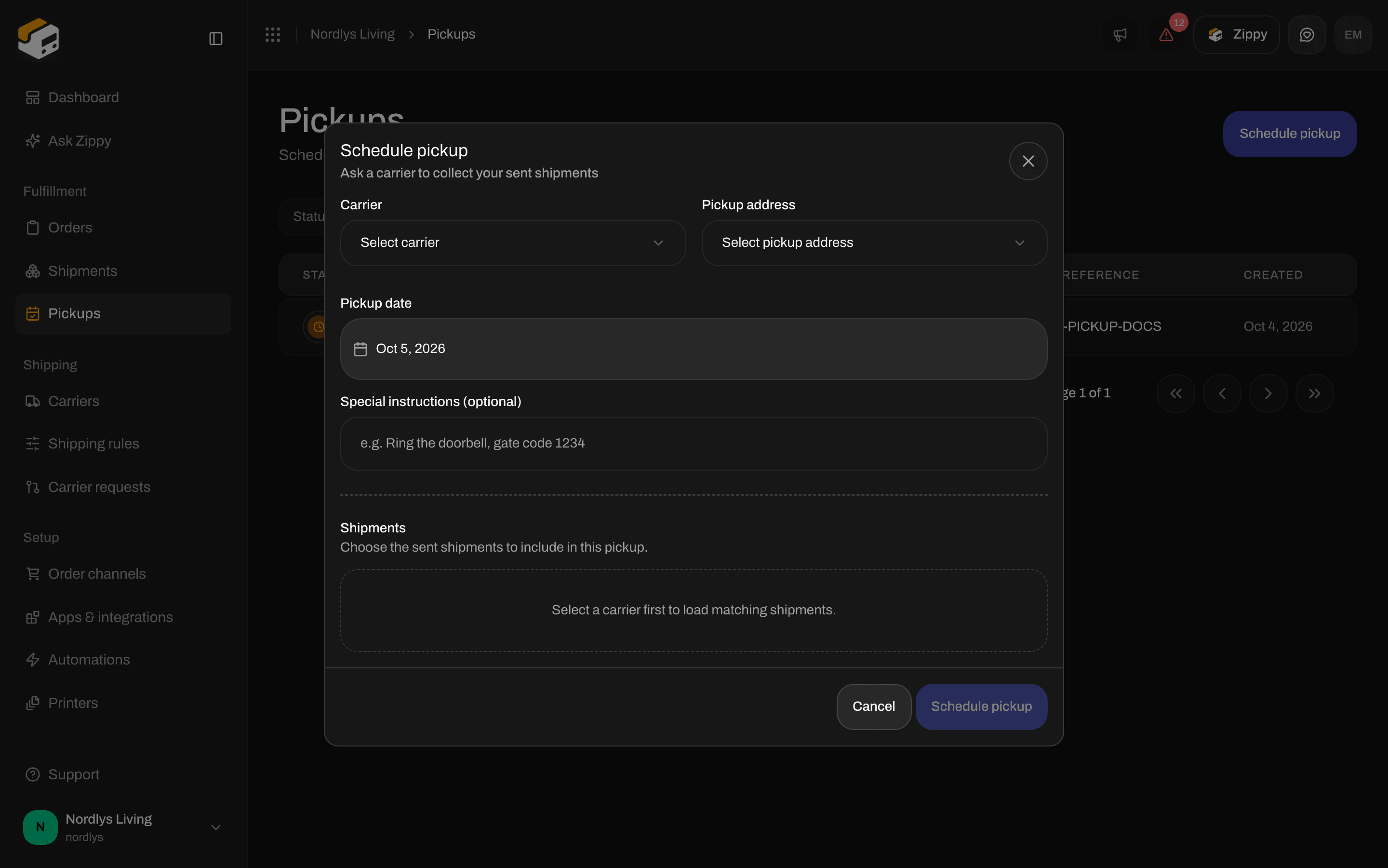 Schedule pickup window with carrier, address, date and shipments
