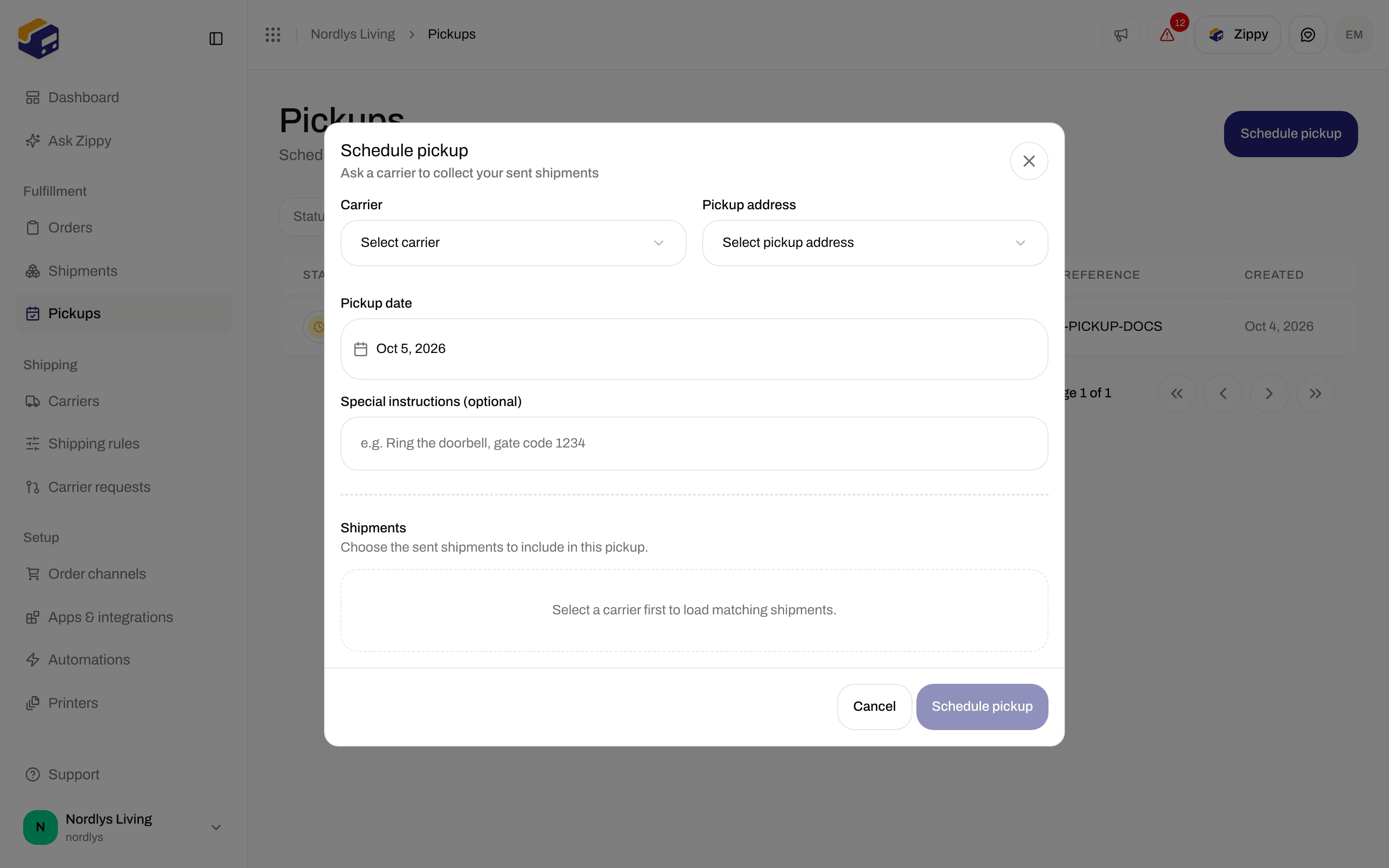 Schedule pickup window with carrier, address, date and shipments