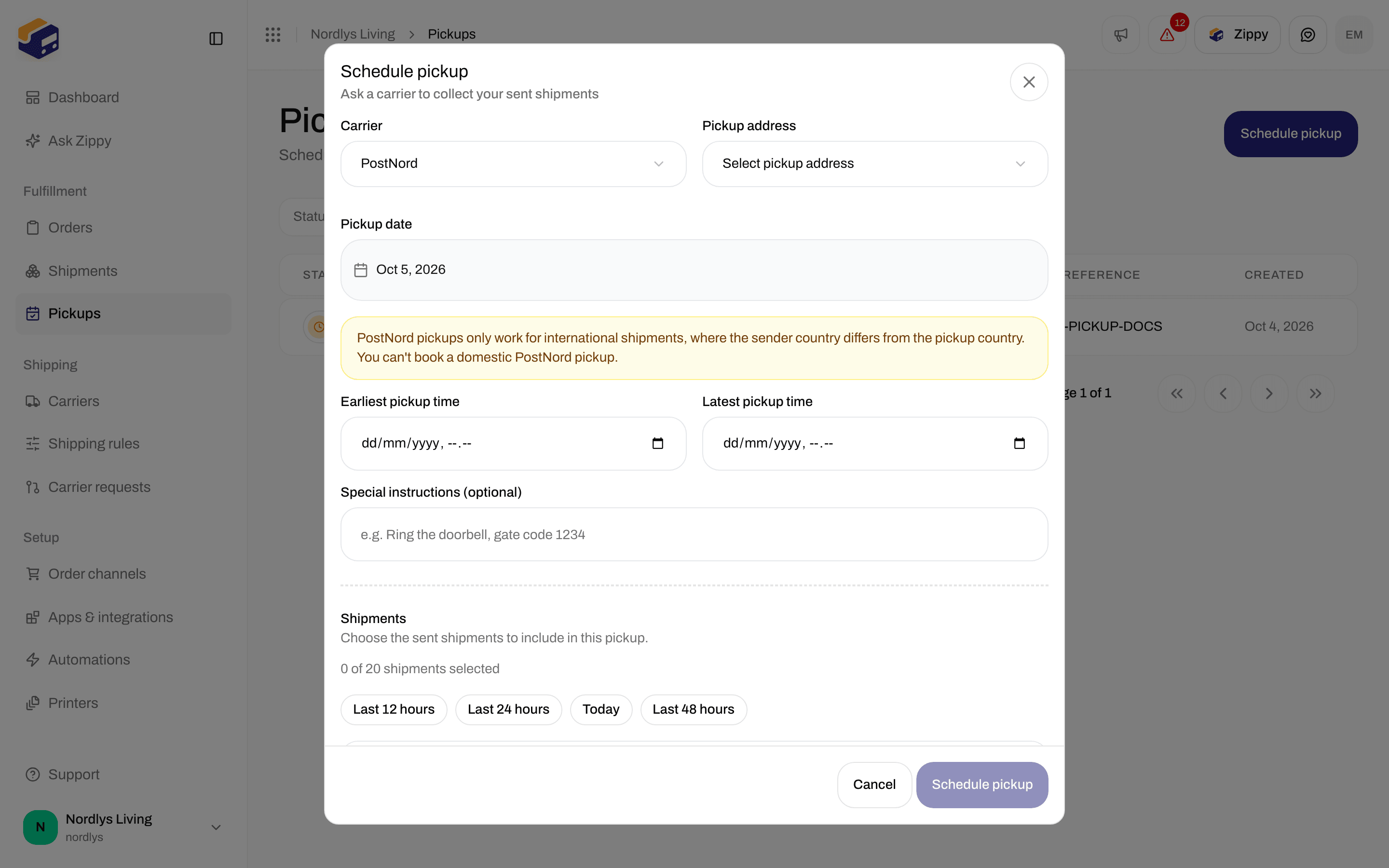Schedule pickup with the PostNord note and the Earliest pickup time and Latest pickup time fields
