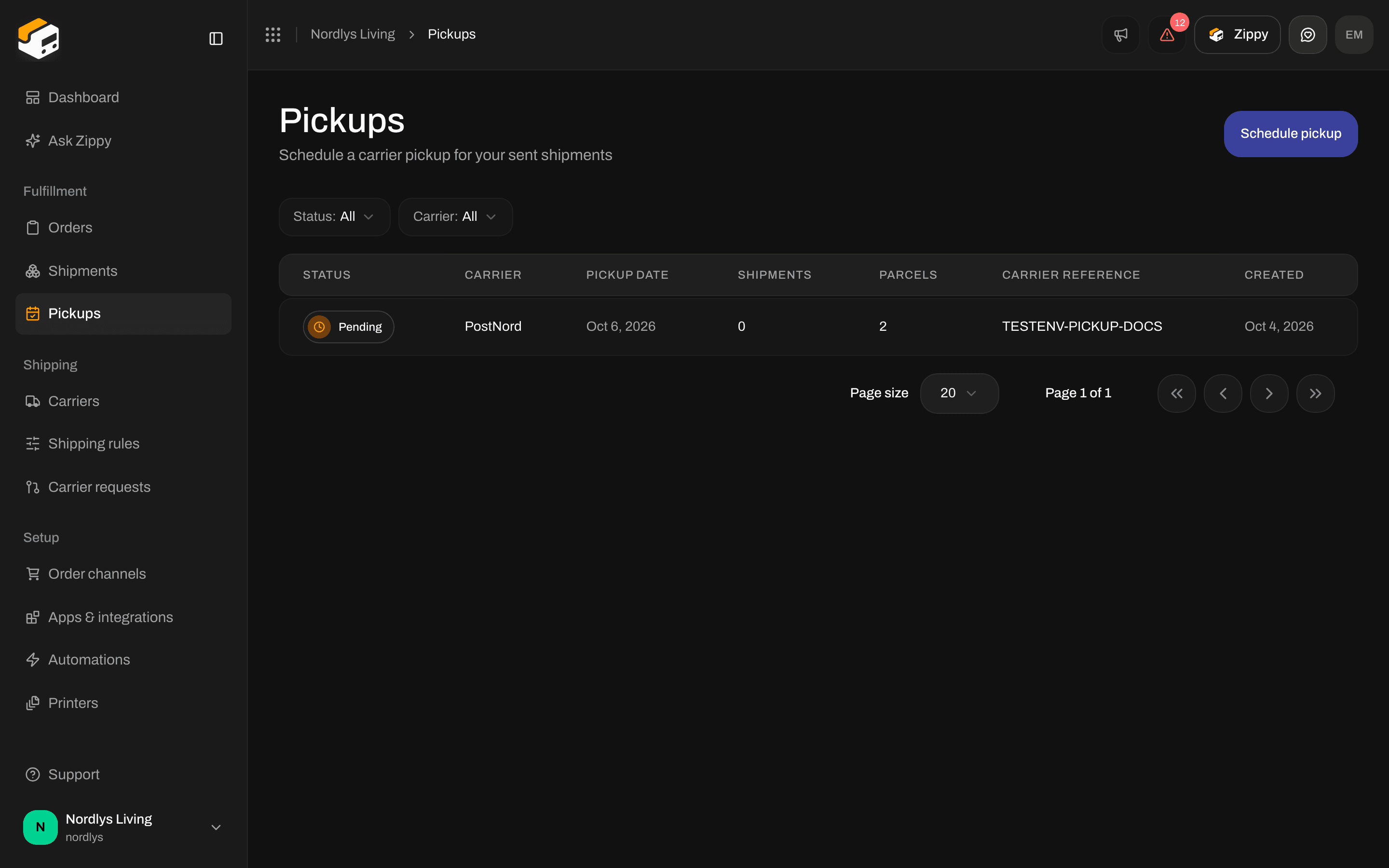 Pickups filters with Status and Carrier