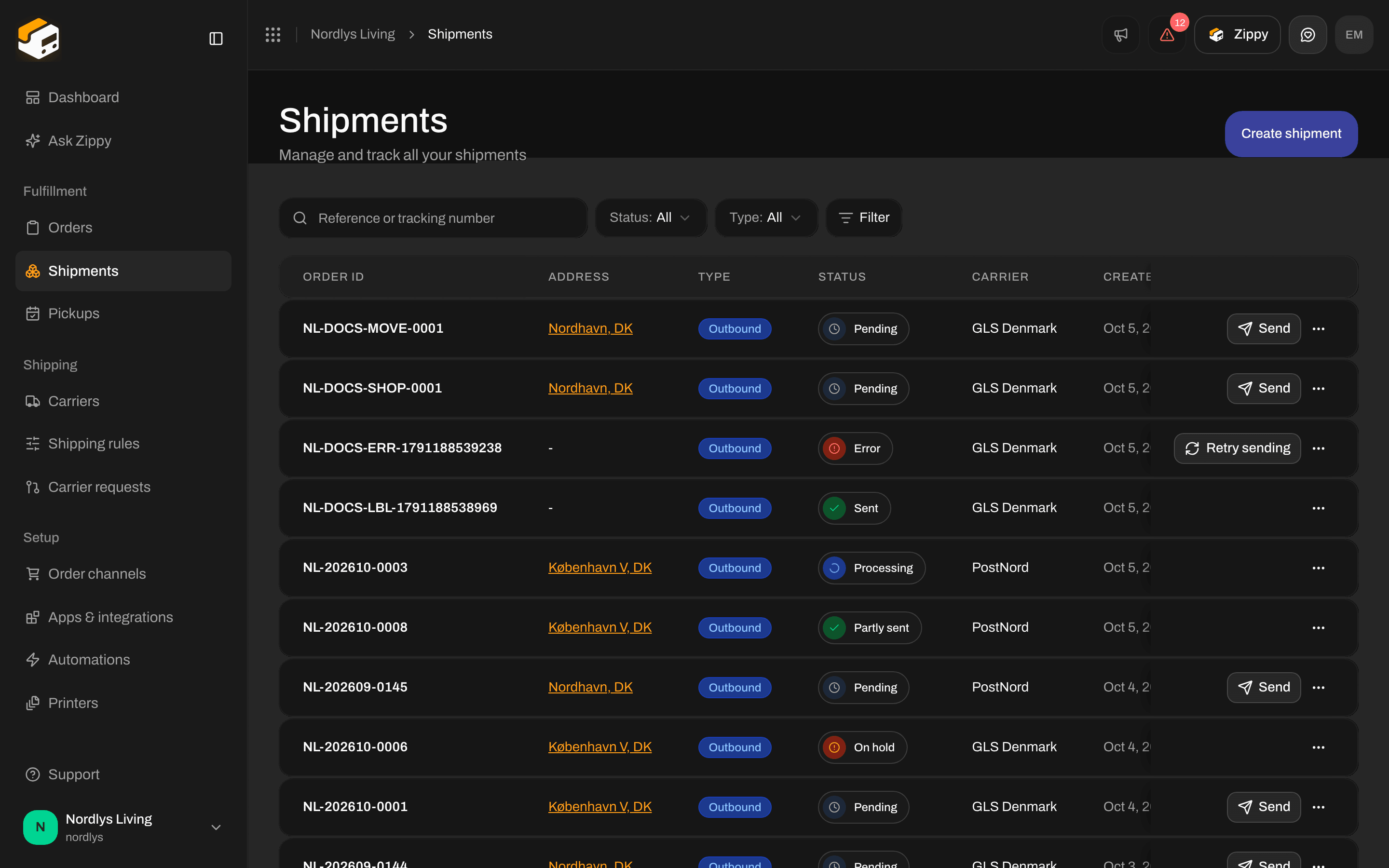 Shipments list with the Reference or tracking number search box, the Status and Type pickers and the Filter button