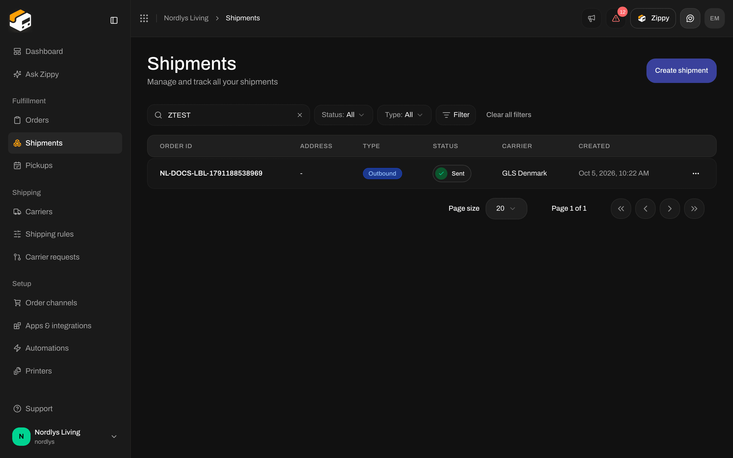Shipments list after typing a tracking number into the search box
