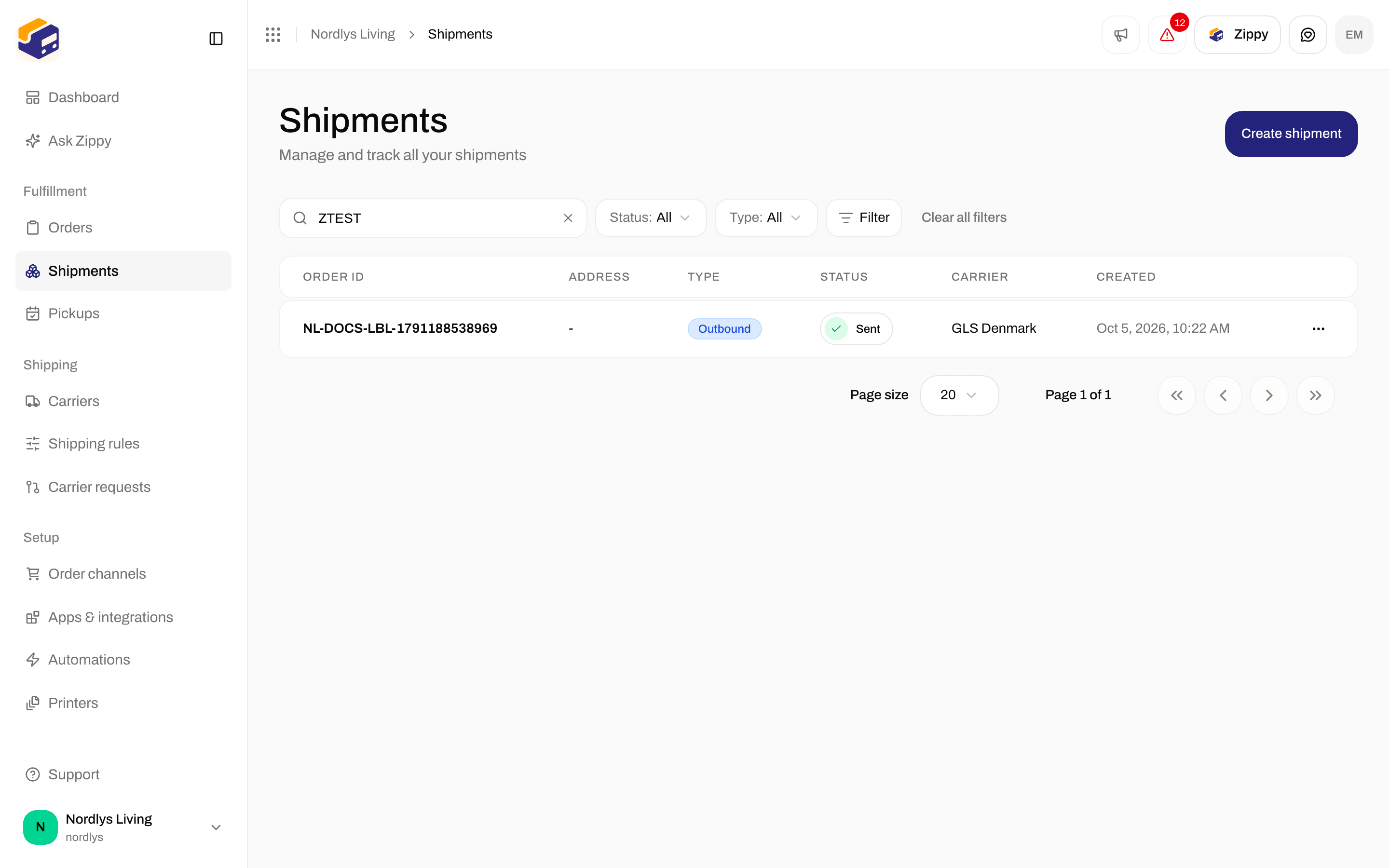 Shipments list after typing a tracking number into the search box