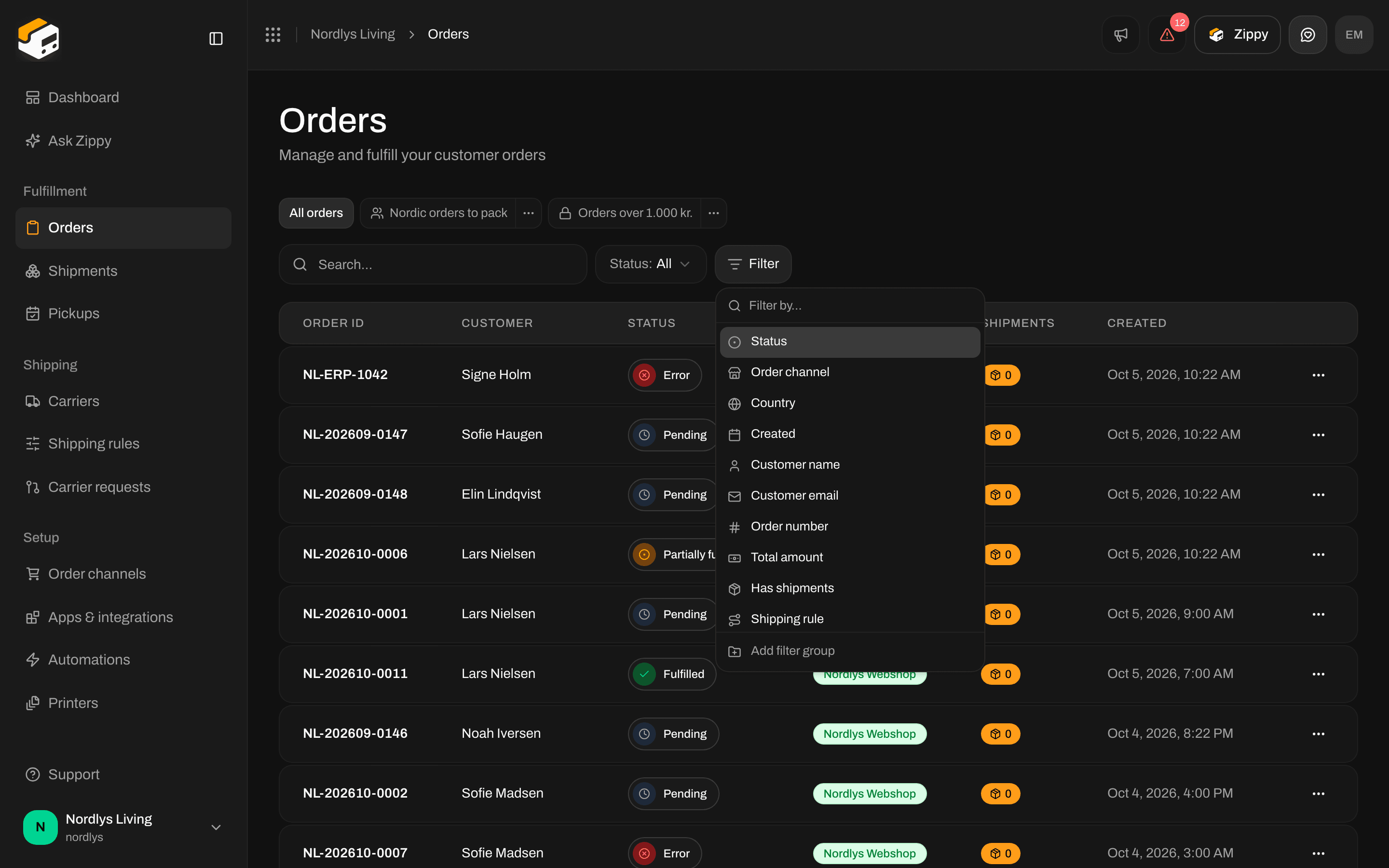Orders list with the Filter menu open, listing Status, Order channel, Country, Created and more