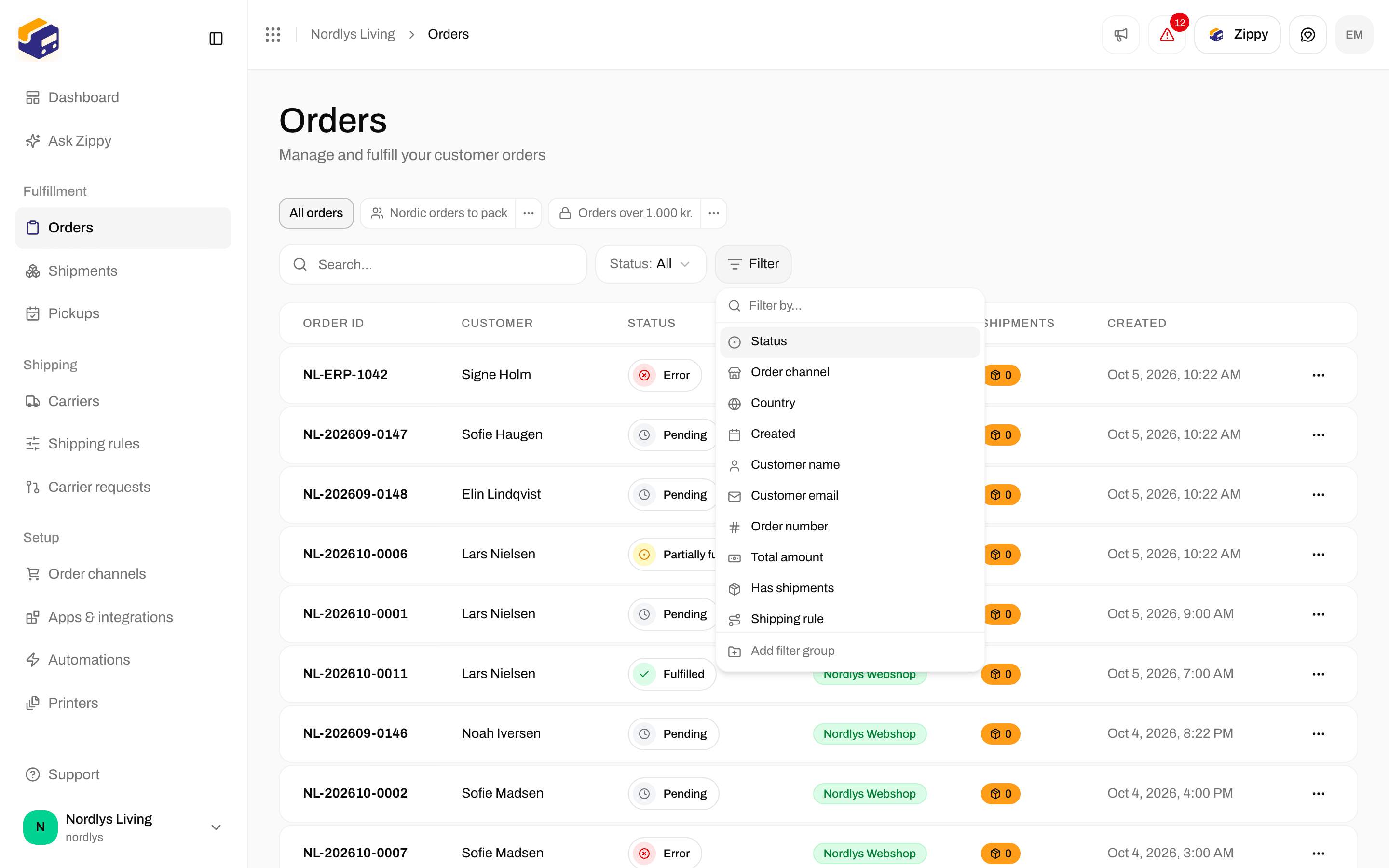 Orders list with the Filter menu open, listing Status, Order channel, Country, Created and more