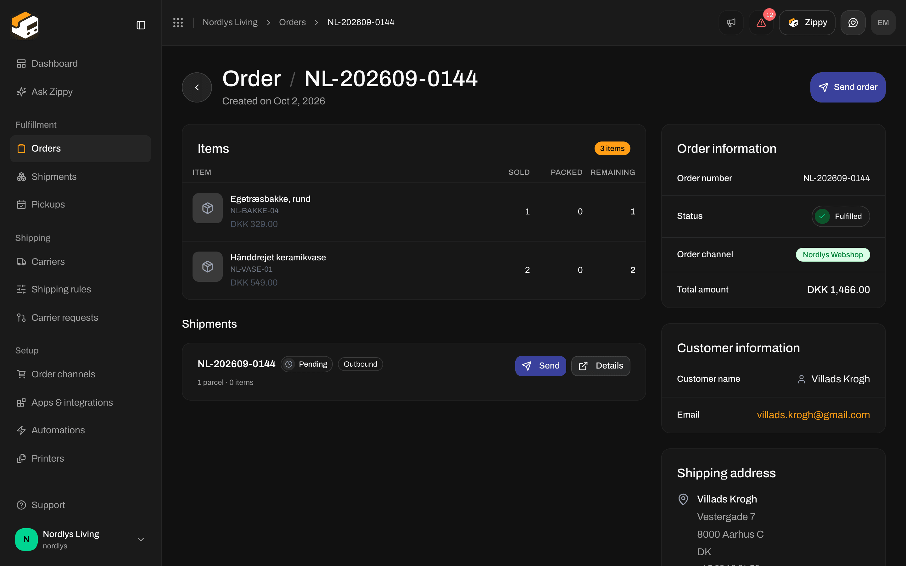 Order Shipments tab with Send order at the top and a pending shipment card