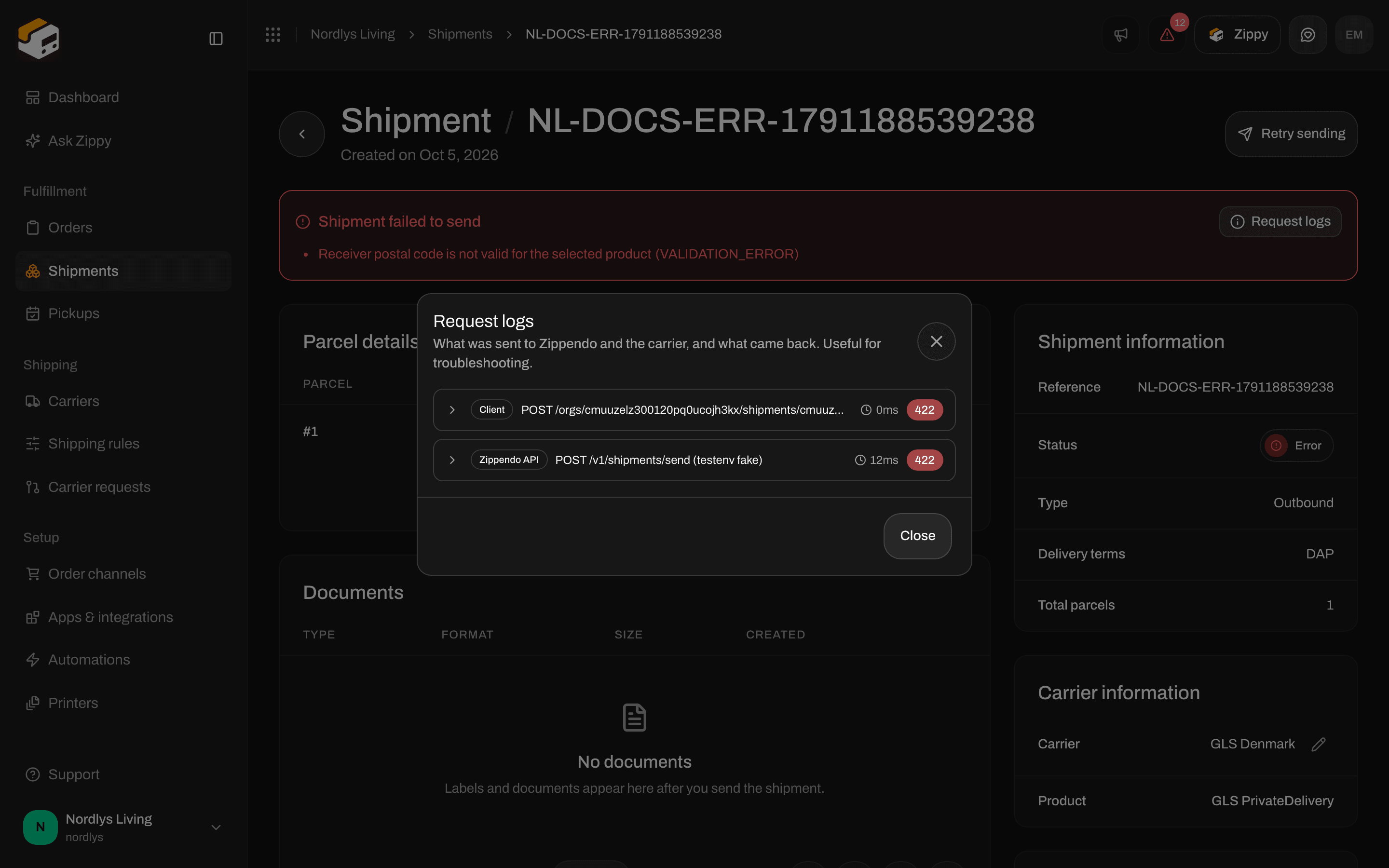 Request logs window with request and response data for debugging