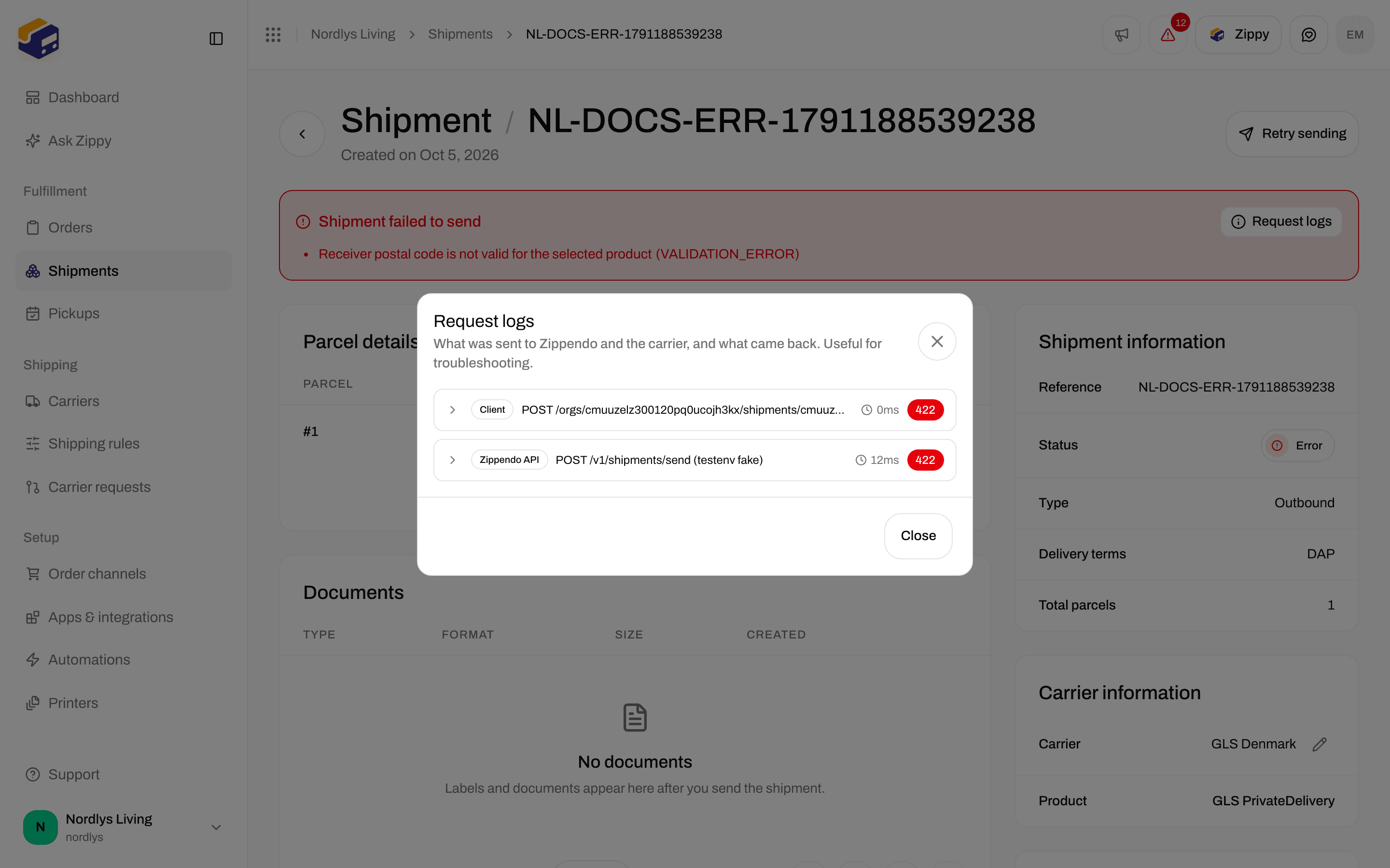 Request logs window with request and response data for debugging