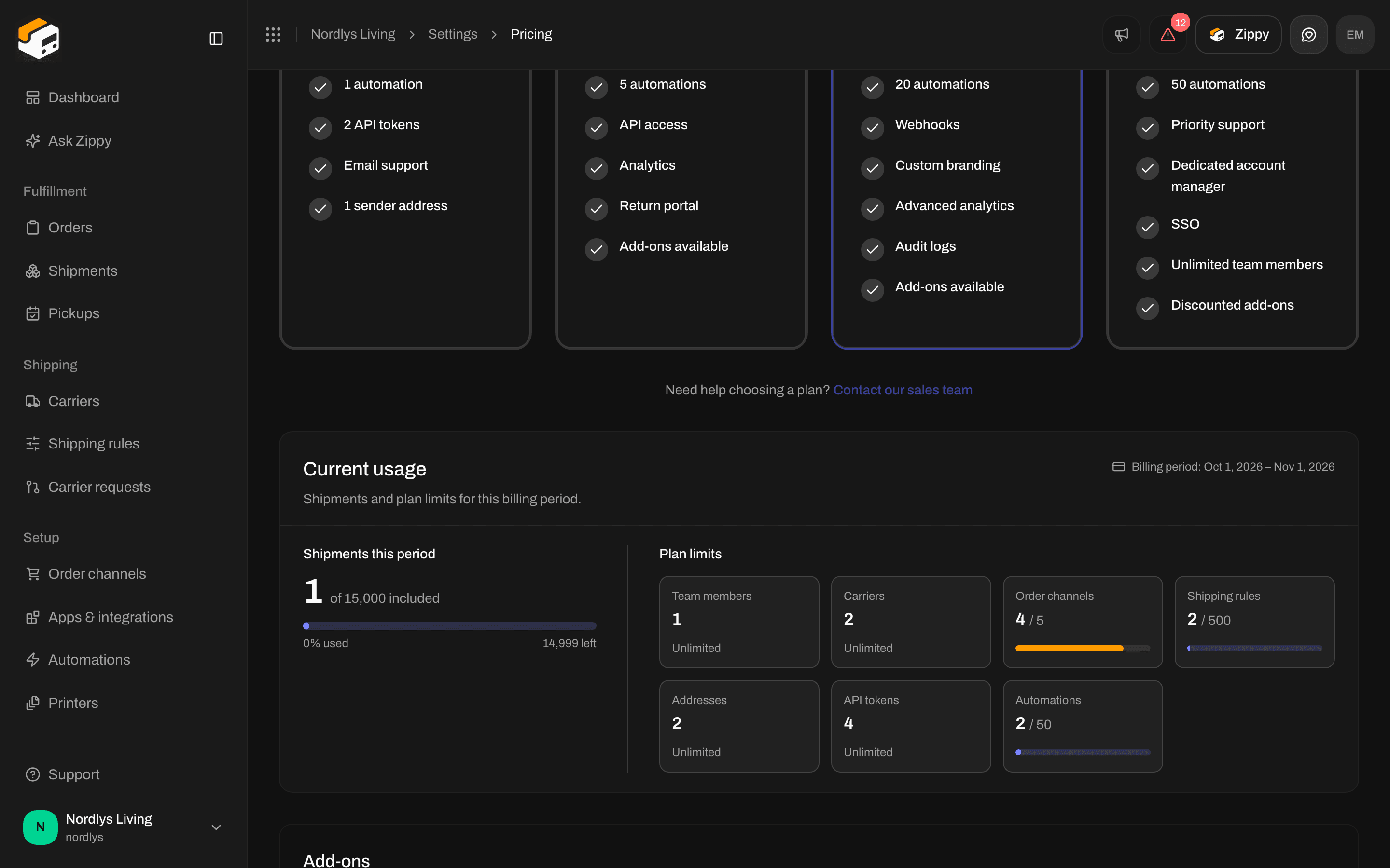 Pricing plans settings with Current usage and Shipments this period