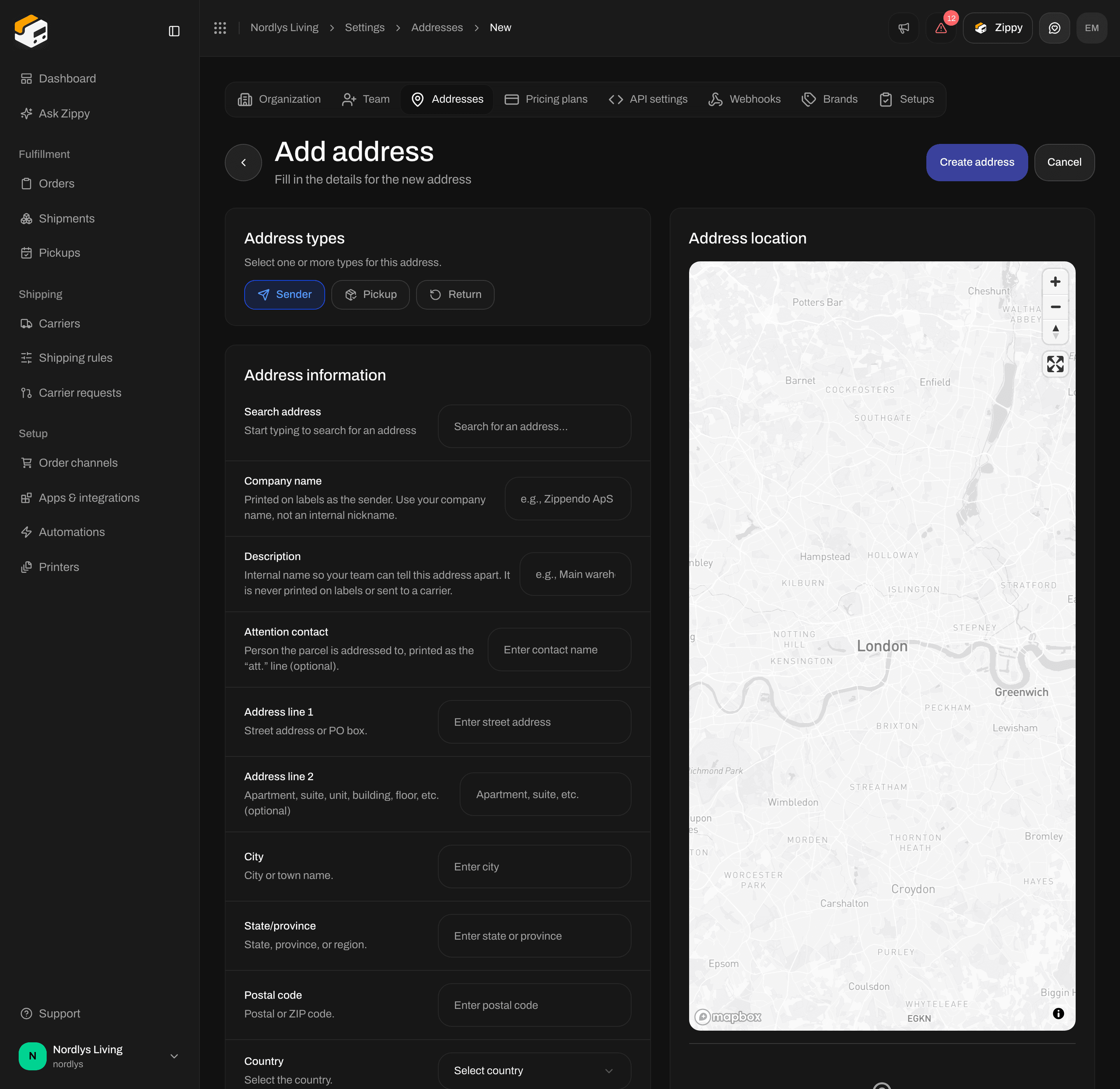 Add address form with Address types, Address information, and Address location map