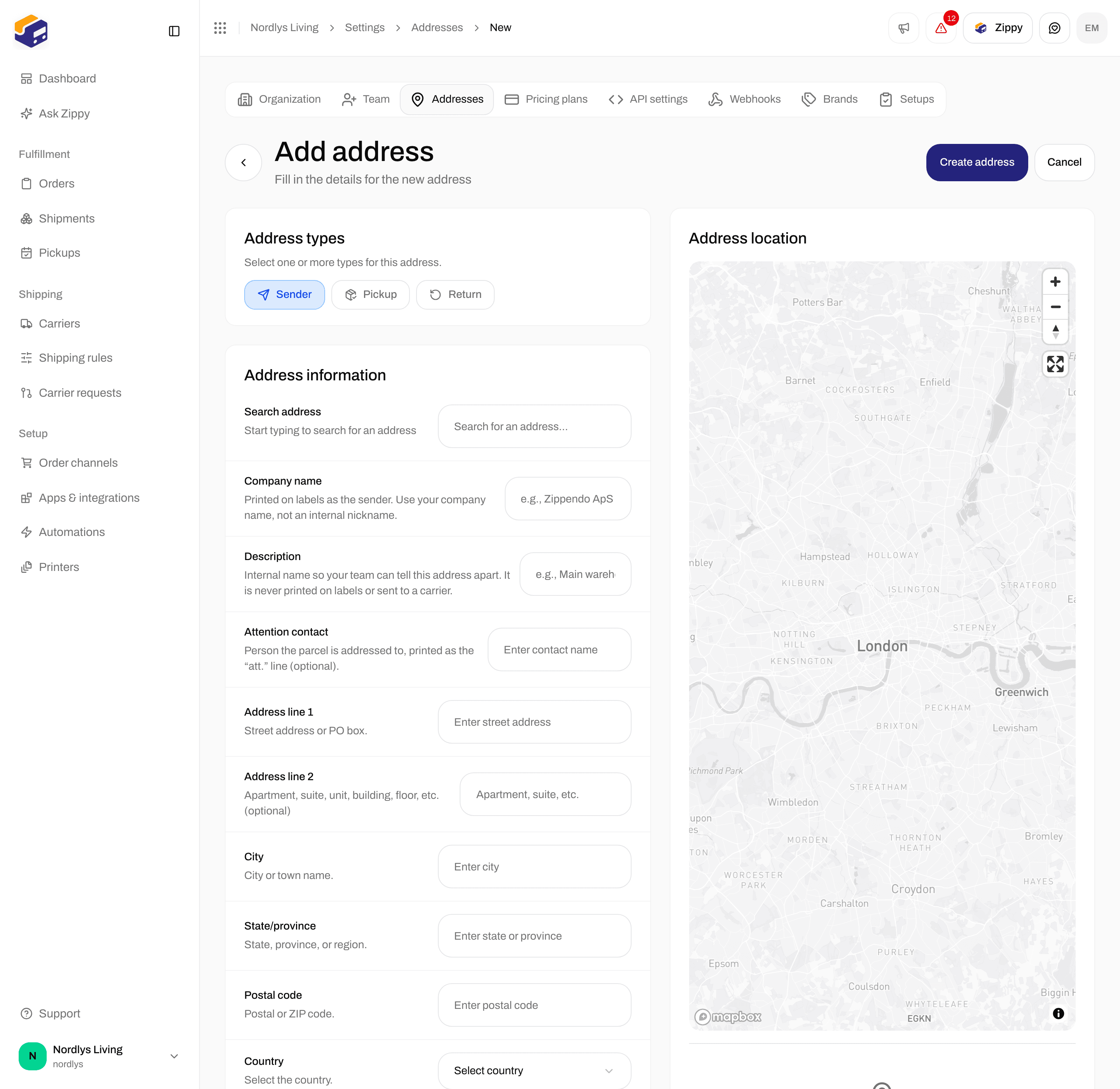 Add address form with Address types, Address information, and Address location map