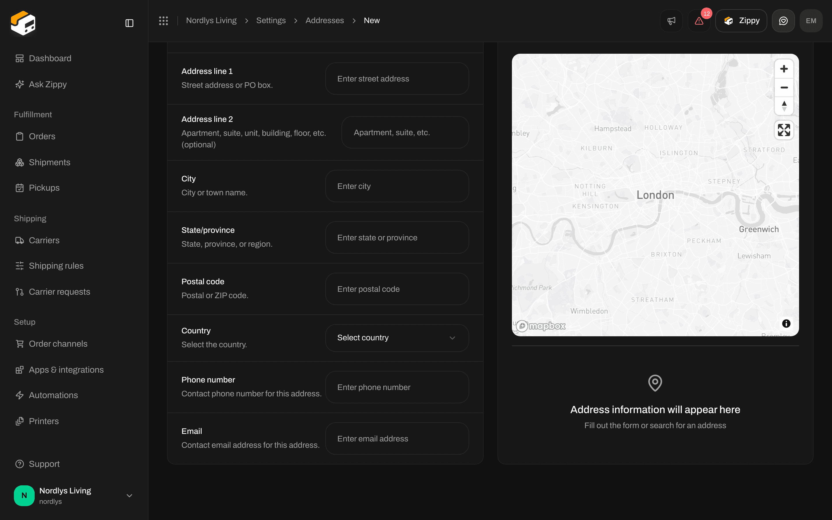 Add address remaining fields: Address line 2, City, State/province, Postal code, Country, Phone number, Email