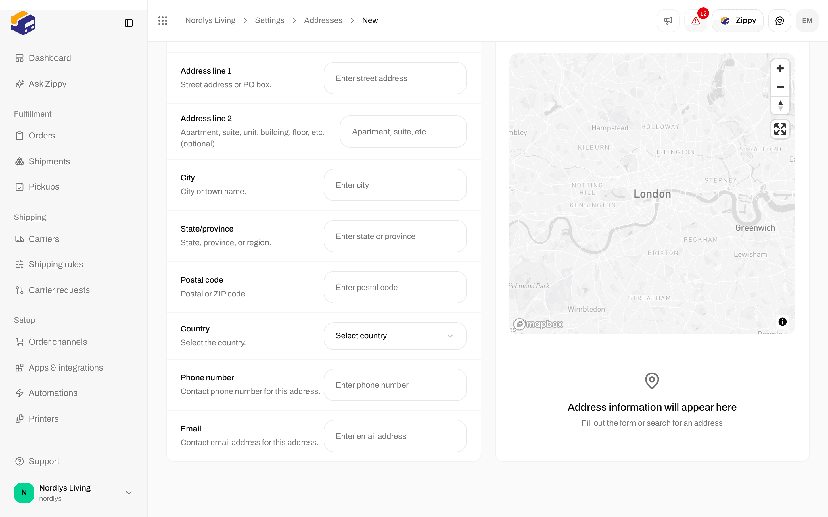 Add address remaining fields: Address line 2, City, State/province, Postal code, Country, Phone number, Email