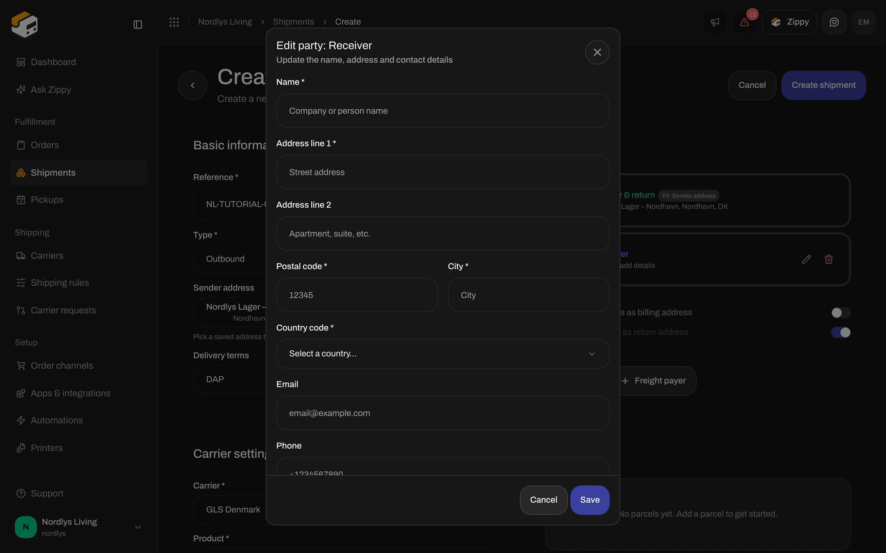 Edit party: Receiver window with name, address, postal code, city, country picker, email and phone