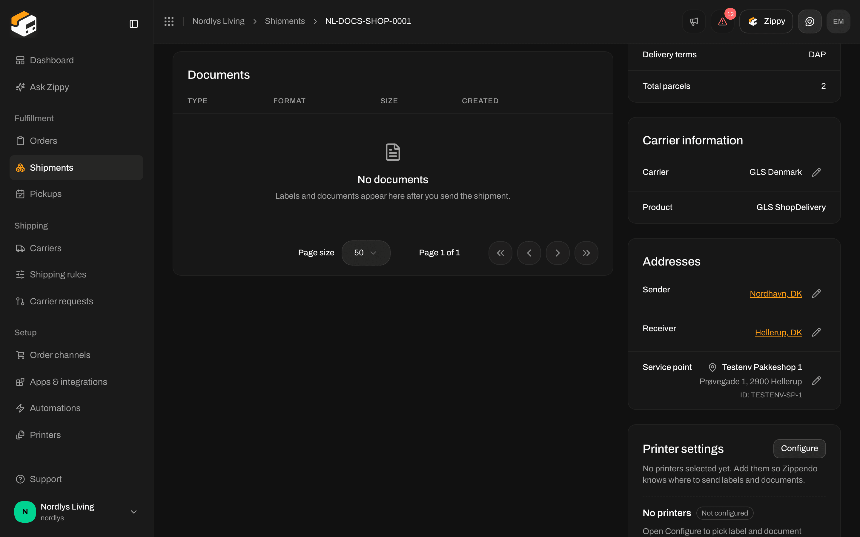 Shipment Addresses with Sender and Receiver rows and pencil buttons