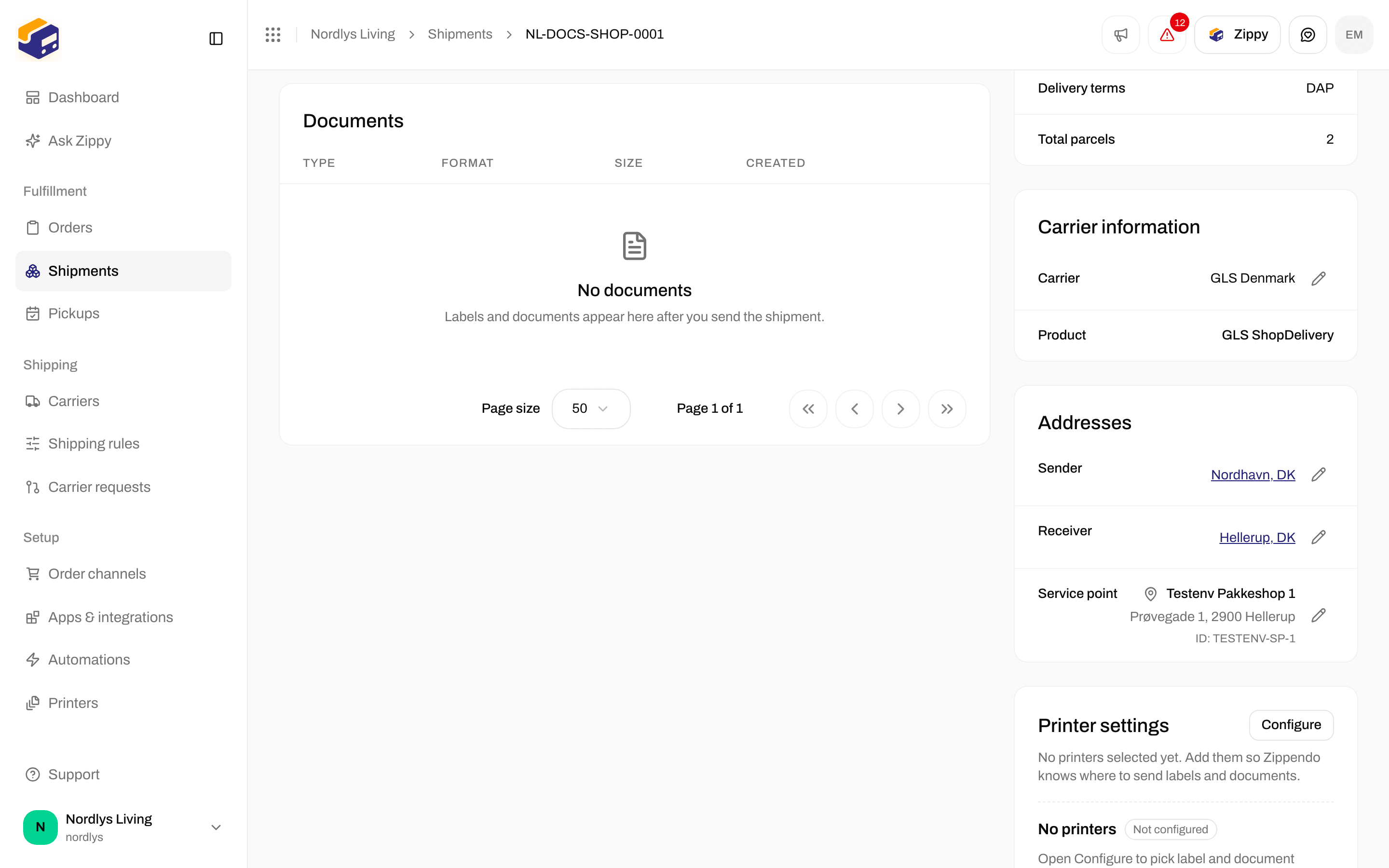 Shipment Addresses with Sender and Receiver rows and pencil buttons