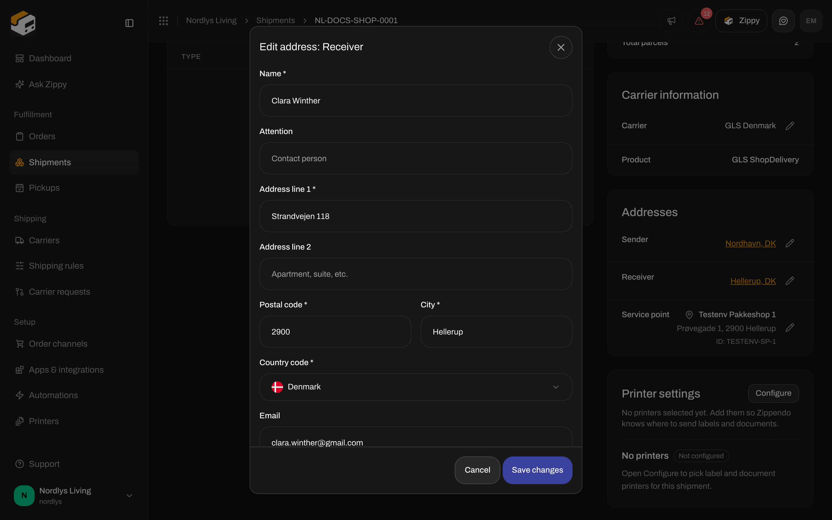 Edit address: Receiver window with Attention, address lines, postal code, city, country, email and phone
