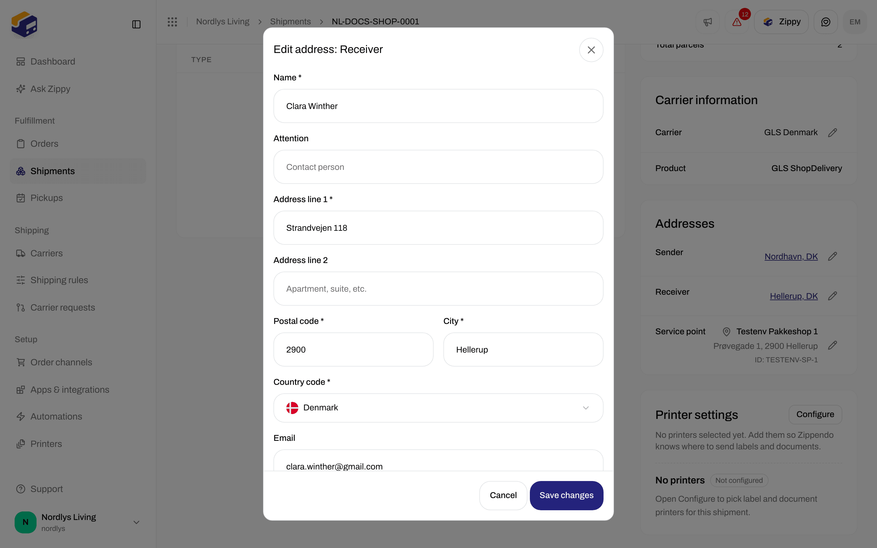 Edit address: Receiver window with Attention, address lines, postal code, city, country, email and phone
