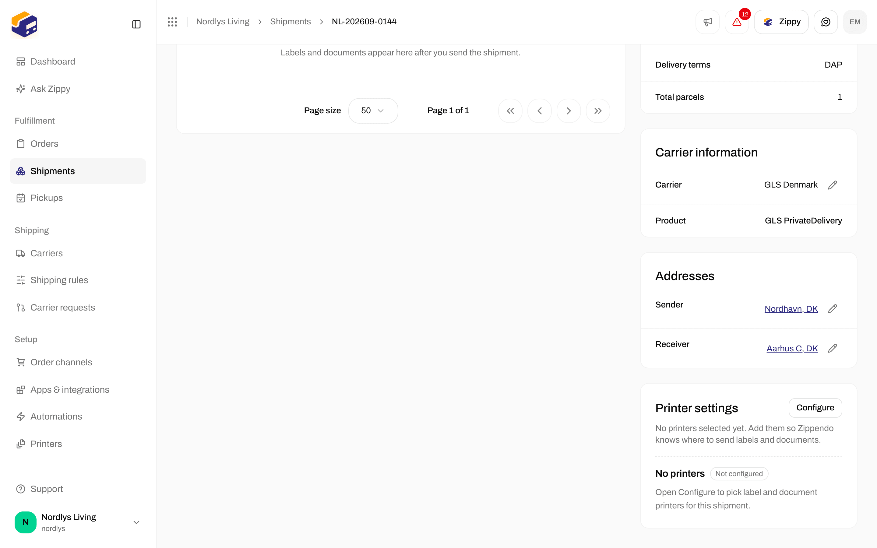 Printer settings box on a shipment showing No printers and Not configured