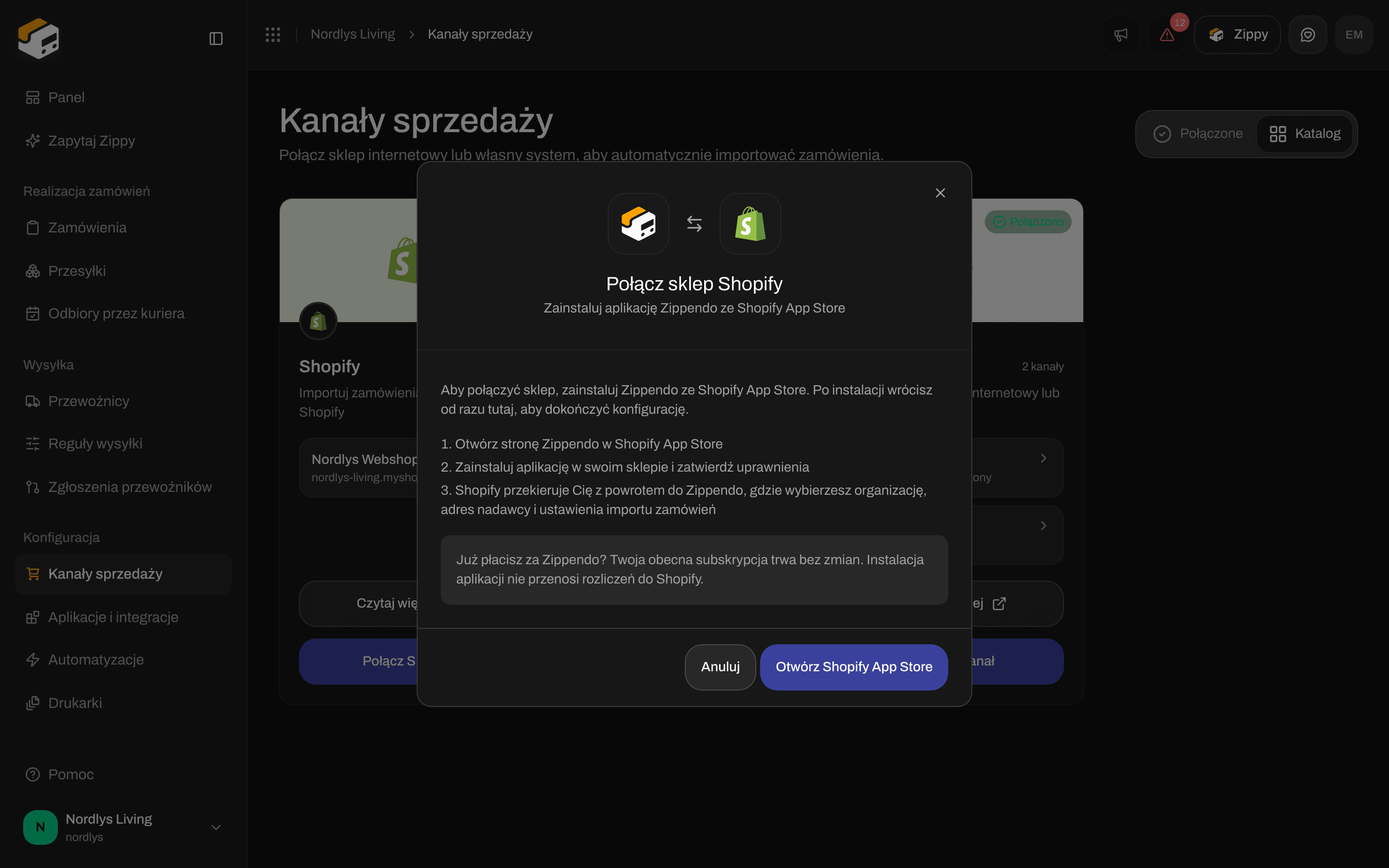 Okno Połącz sklep Shopify z przyciskiem Otwórz Shopify App Store