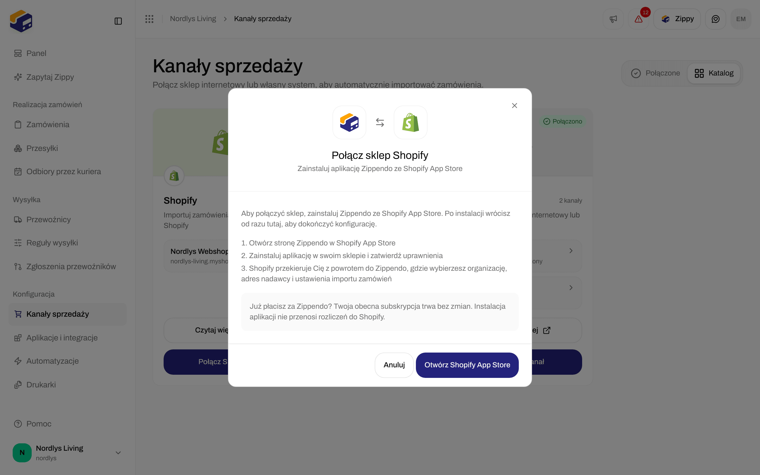 Okno Połącz sklep Shopify z przyciskiem Otwórz Shopify App Store