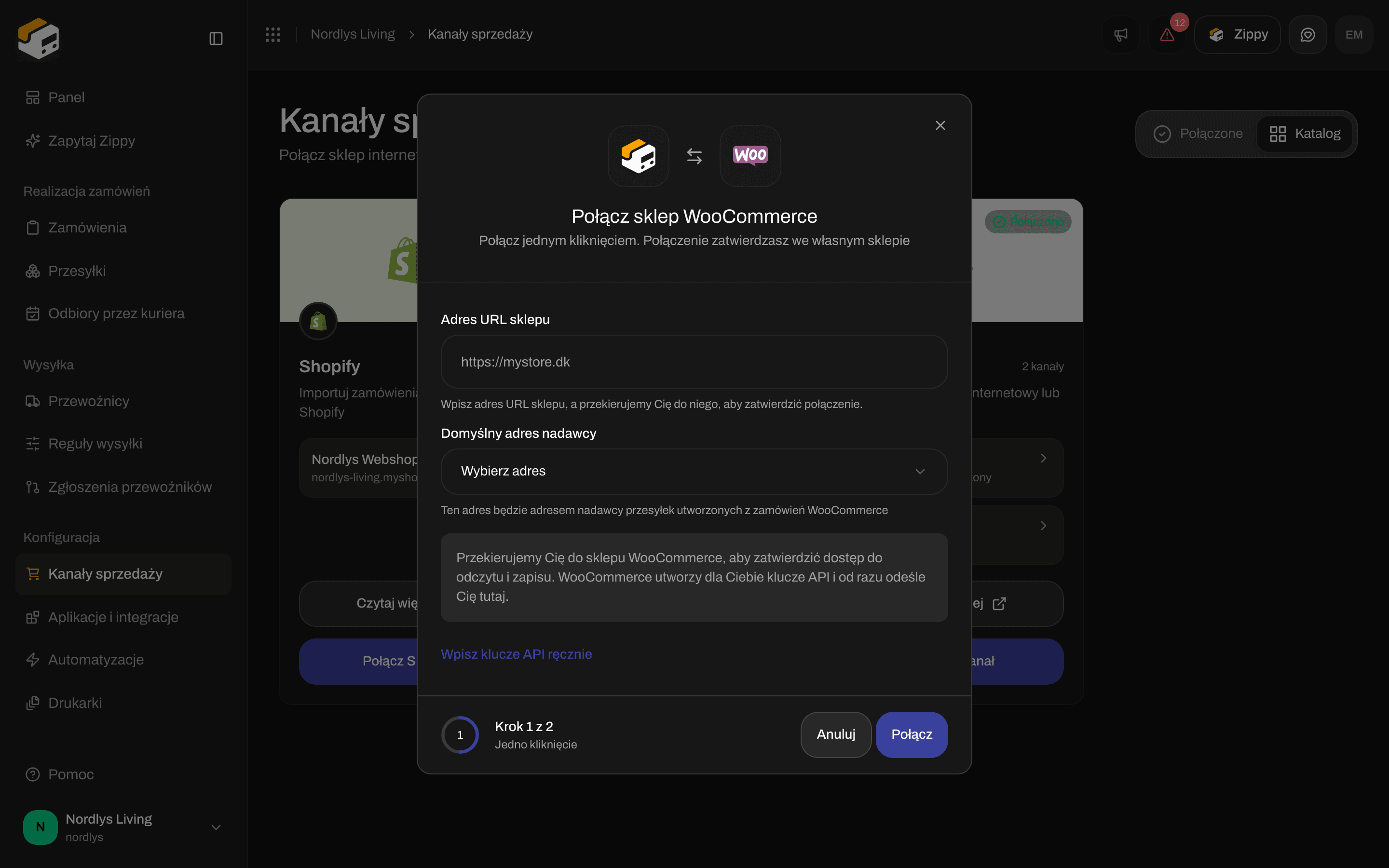 Okno Połącz sklep WooCommerce z Adres URL sklepu, Domyślny adres nadawcy i Połącz