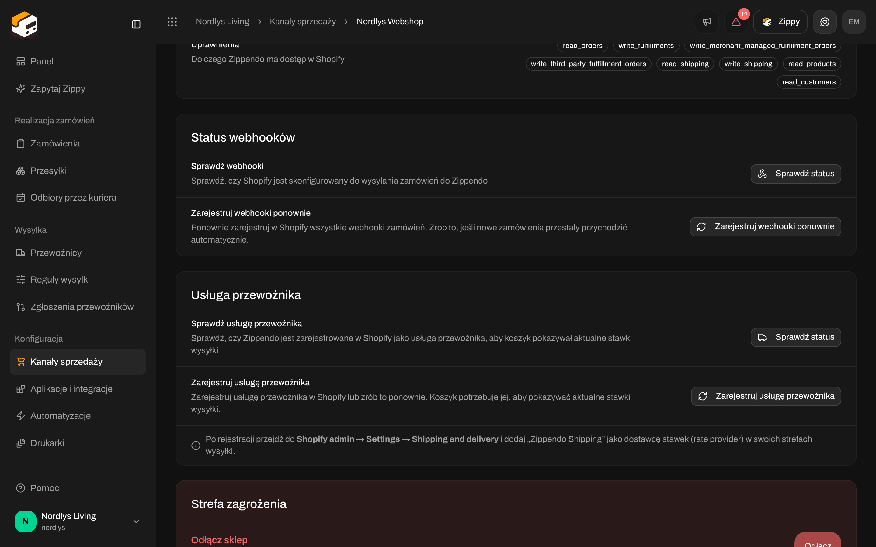 Karta Usługa przewoźnika z Sprawdź status i Zarejestruj usługę przewoźnika oraz Strefą zagrożenia poniżej