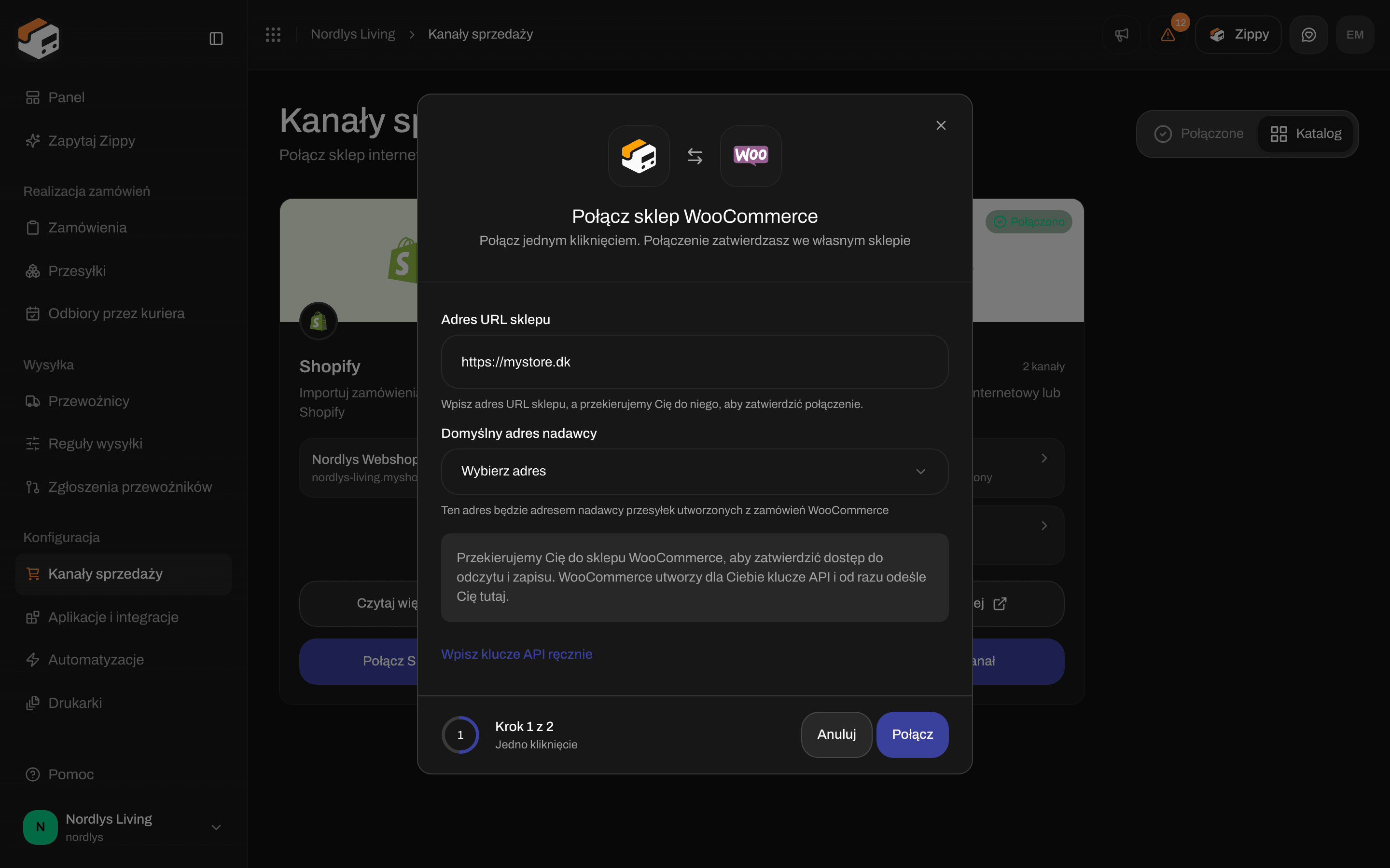 Okno Połącz sklep WooCommerce z polami Adres URL sklepu, Domyślny adres nadawcy i przyciskiem Połącz