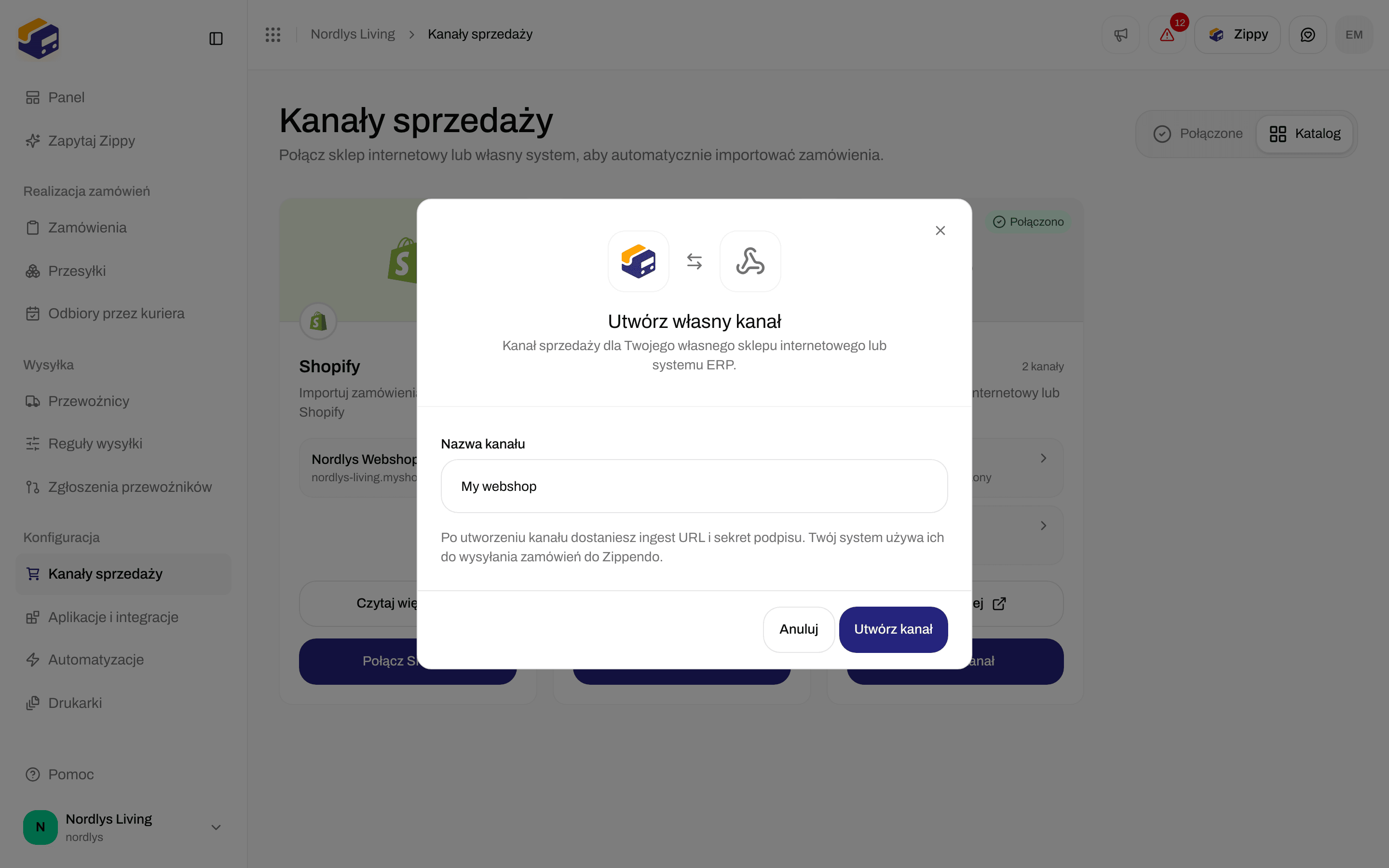 Okno Utwórz własny kanał z polem Nazwa kanału wypełnionym wartością My webshop